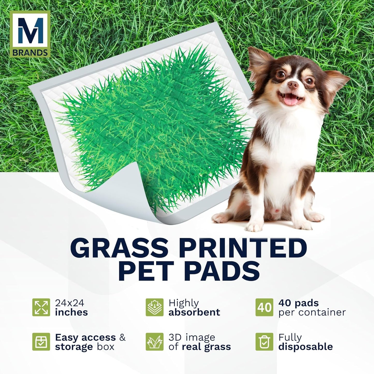 Big Dawg Pet Supplies Absorbent Puppy Pee Pads for Dogs & Cats – 24x24” Disposable Pet Pads – Handy Grab-n-Go Box – Potty Training & Housebreaking Supplies – Color, Grass – 40pc