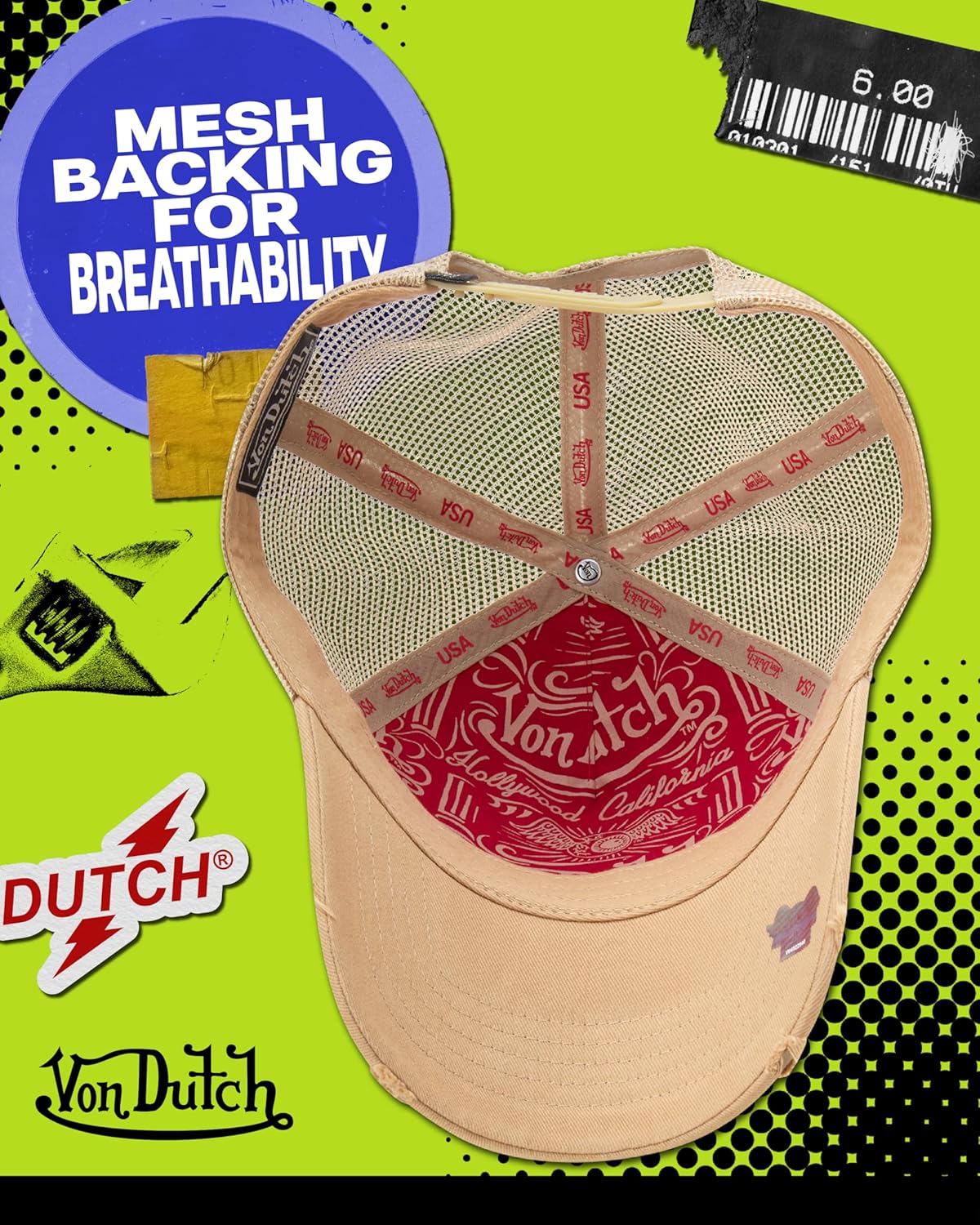 Von Dutch Unisex Trucker Hat - Curved Bill Mesh Back Retro Classic Colorblock Snapback Baseball Cap for Men and Women