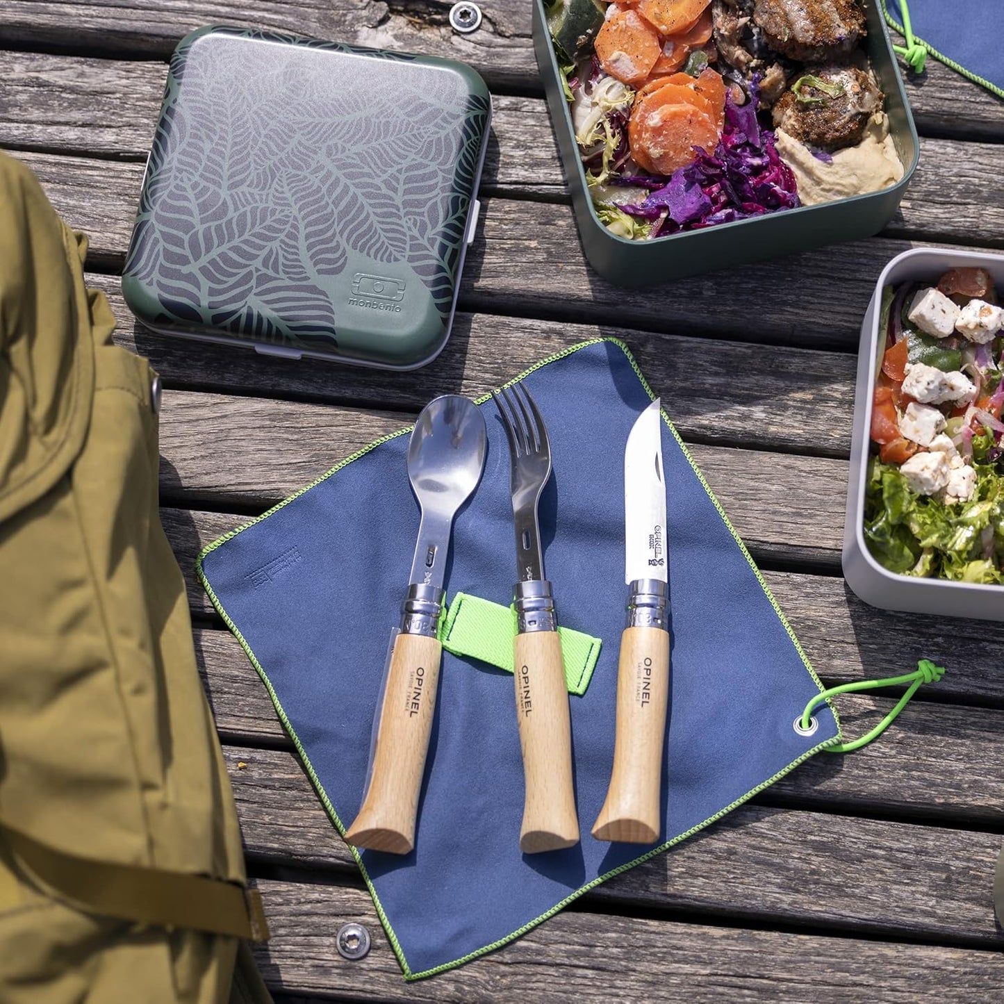 Opinel Picnic+ Cutlery Full Set, No.8 Stainless Steel Knife, Fork and Spoon Insert, Micro Fiber Napkin
