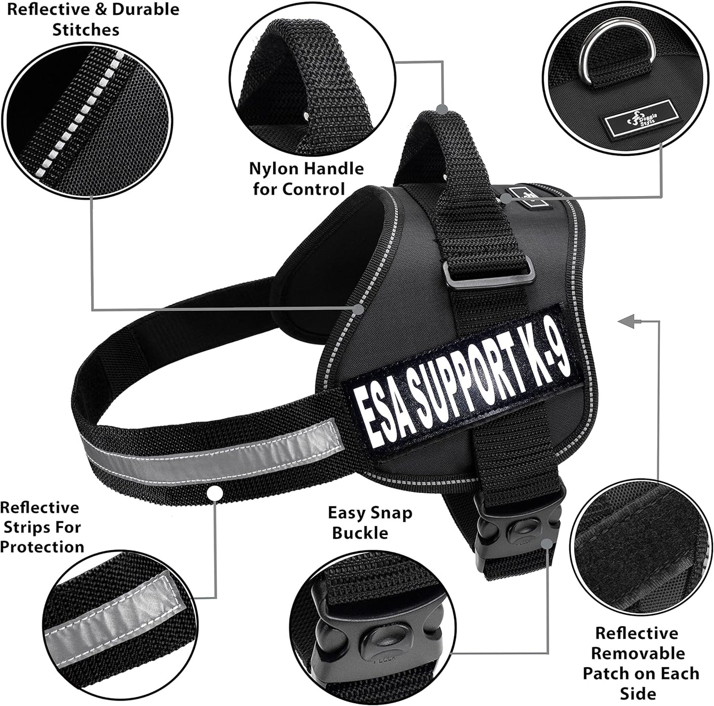 Emotional Support Dog Vest Nylon no-Pull ESA Dog Vest Comes with 2 Reflective ESA Support K9 Interchangeable Patches. Fully Adjustable Reflective Straps with top Handle. XXS-XXL in 3 Colors.