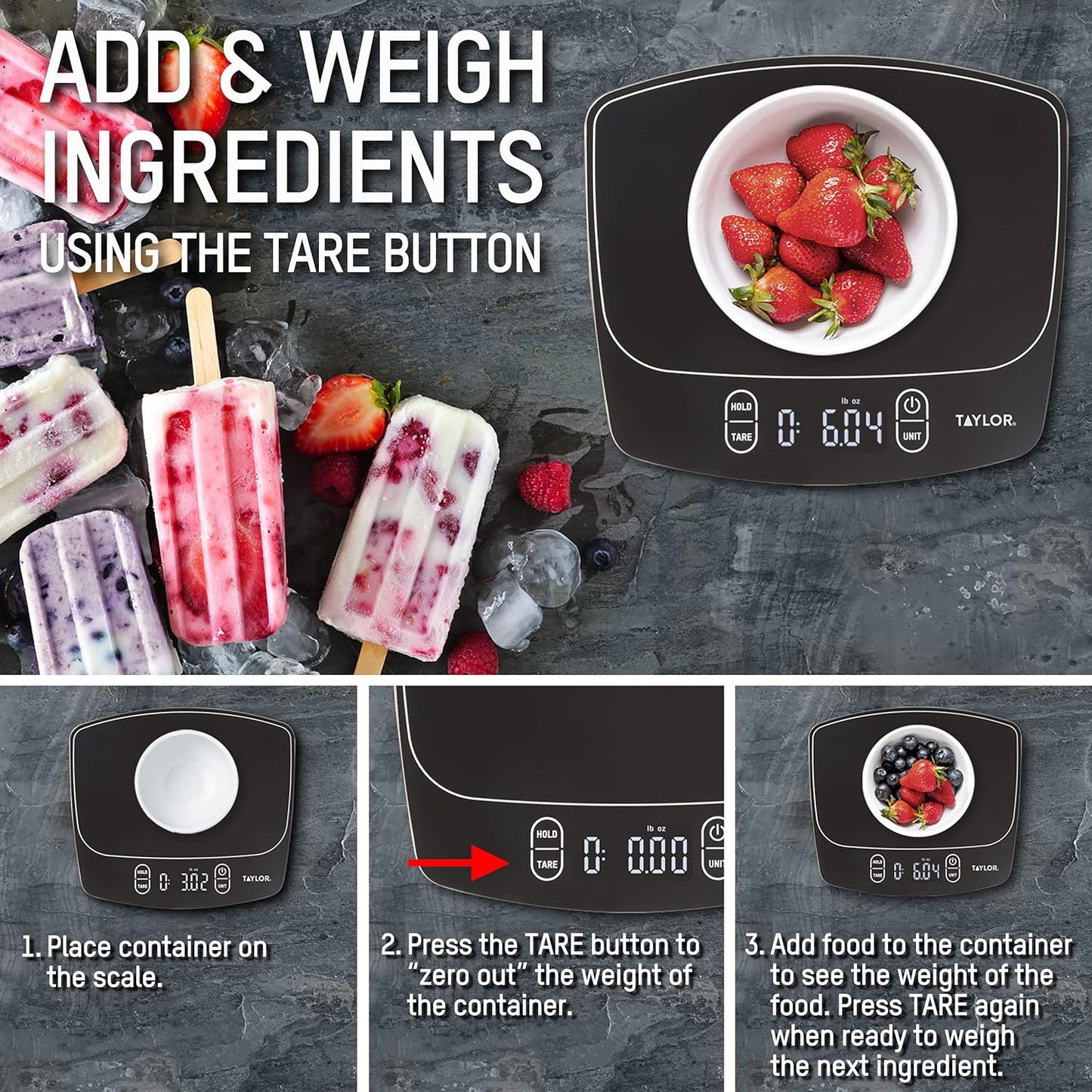 Taylor Waterproof Digital Kitchen Scale, 11 pounds, Black