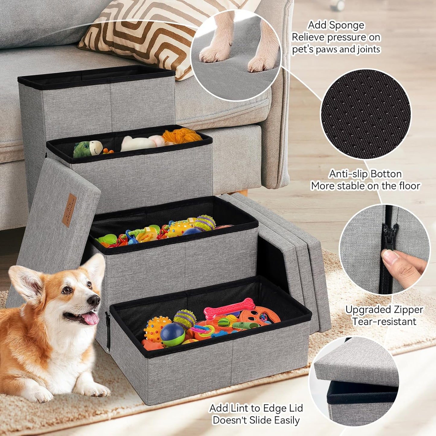Dog Stairs with Storage 23" H, 4-Step Wider Dog Steps for High Beds Window, Folding Sturdy Pet Stairs Gift for Injured Old Dogs Cats, Ramp for Climbing Car Up to 200 lbs,(Gray, No Condo)