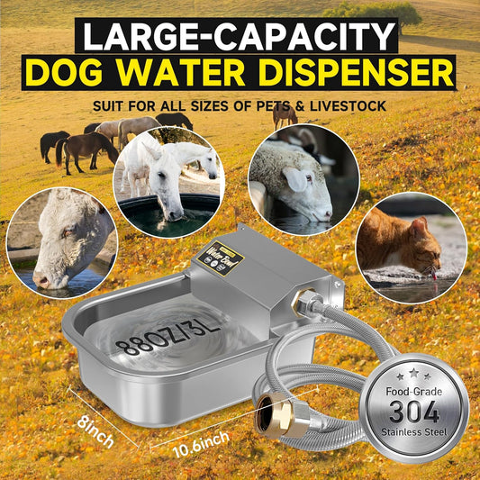 PETTEN Automatic Water Dispenser for Dogs,3L/1Gal Stainless Steel Water Bowl Dispenser Kit, Auto-Filling Fresh Water for Pets/Livestock, Fits GHT Male 3/4" Faucet.