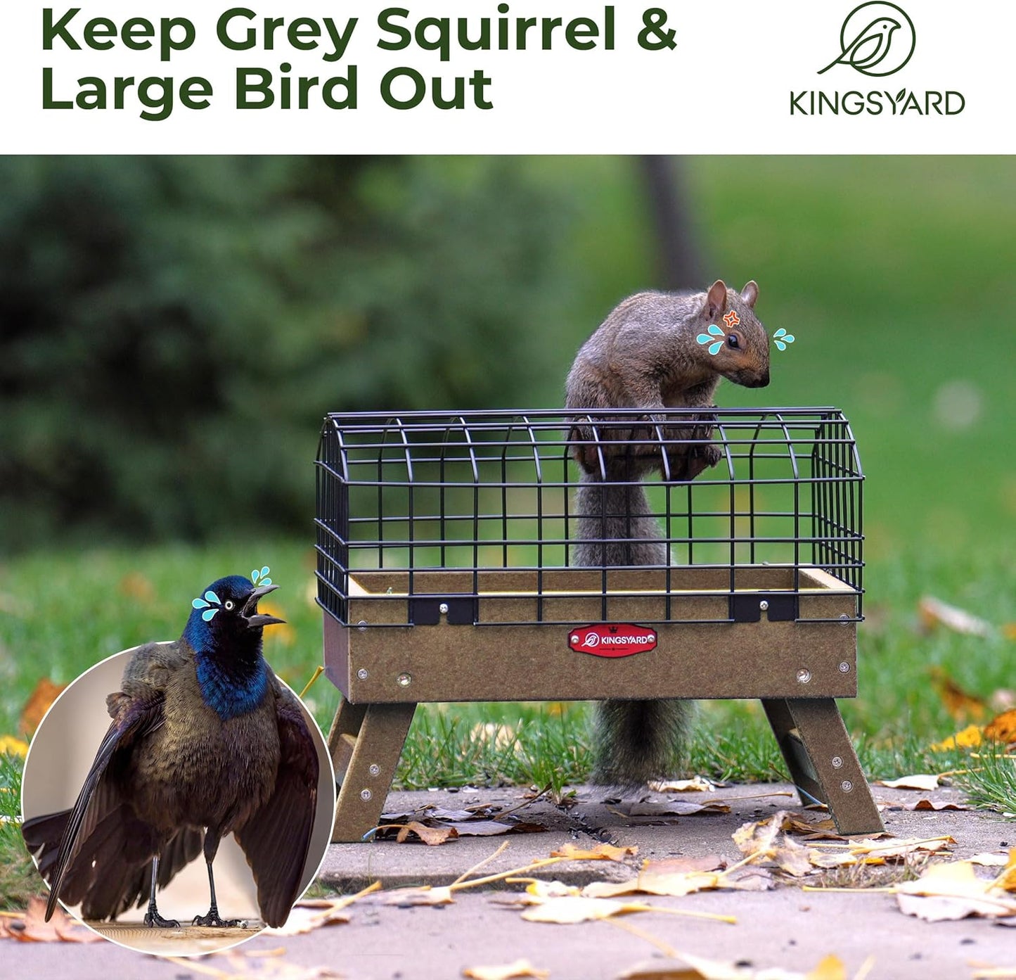 Kingsyard Squirrel Proof Ground Bird Feeder for Outdoors - Recycled Plastic Platform Feeding Station, Fly-Through Metal Caged Wild Bird Feeder for Small Birds, 5 LBS Large Capacity, Brown