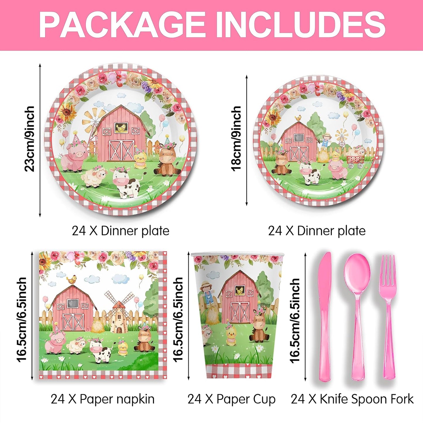 168pcs Pink Farm Animal Birthday Party Supplies for Girl - Baby Shower Decor Include Plates, Cups, Napkins | Serves 24 Barnyard Theme