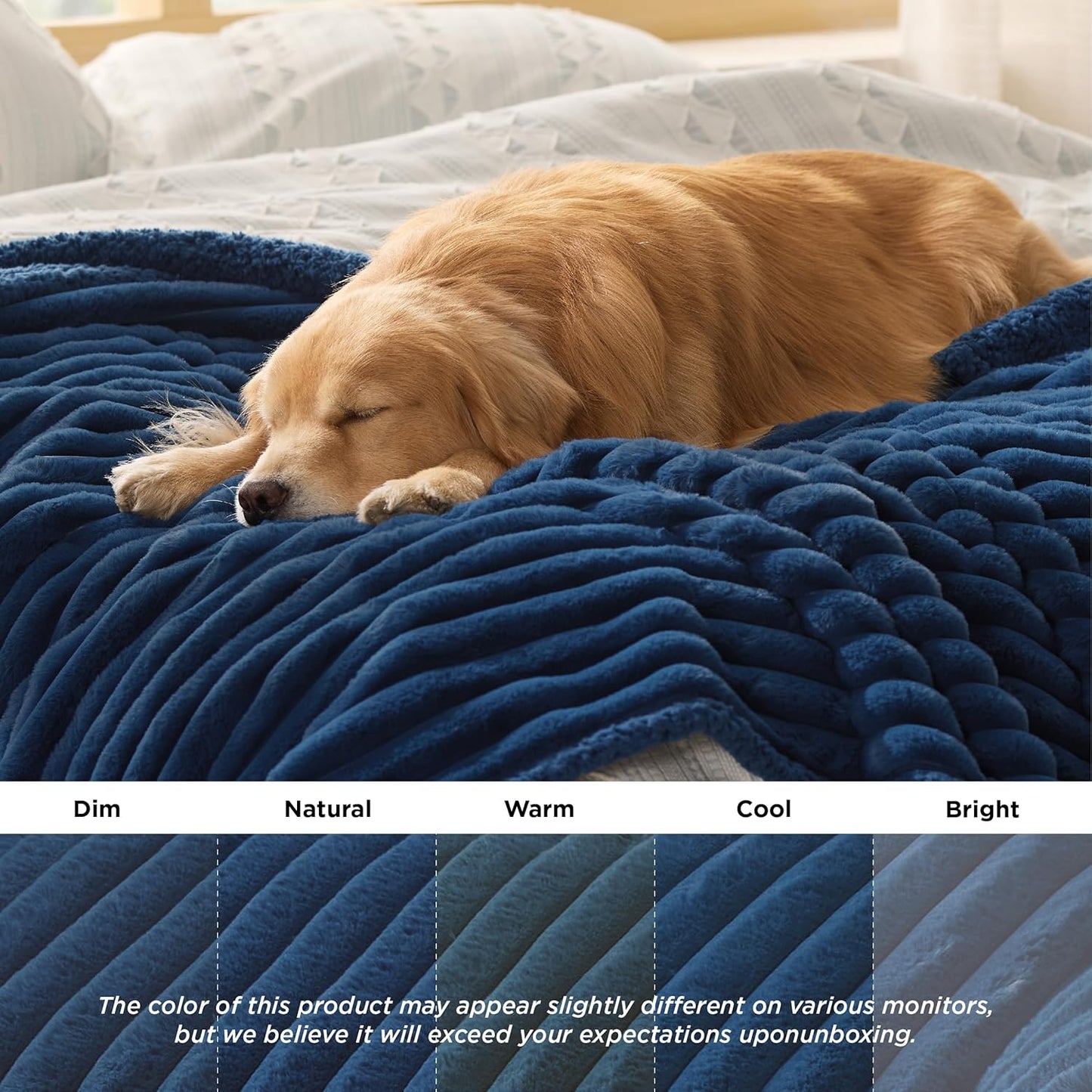 Bedsure ComfyFleece™ Waterproof Dog Blankets for Large Dogs - Soft Pet Cat Blanket Corduroy Fleece for Couch Bed Protector Washable, Cozy Calming Reversible Furniture Protection,50"x60", Navy Blue