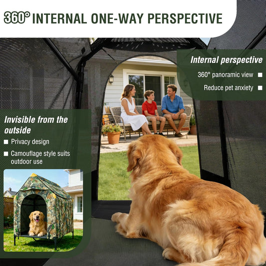 42" Camouflage Canvas Outdoor Dog House Weatherproof,360° Visibility and Breathable Design,2-in-1 Dog Shade Shelter for Large Breeds with Removable Waterproof Cover,Elevated Dog Bed with Canopy (M)