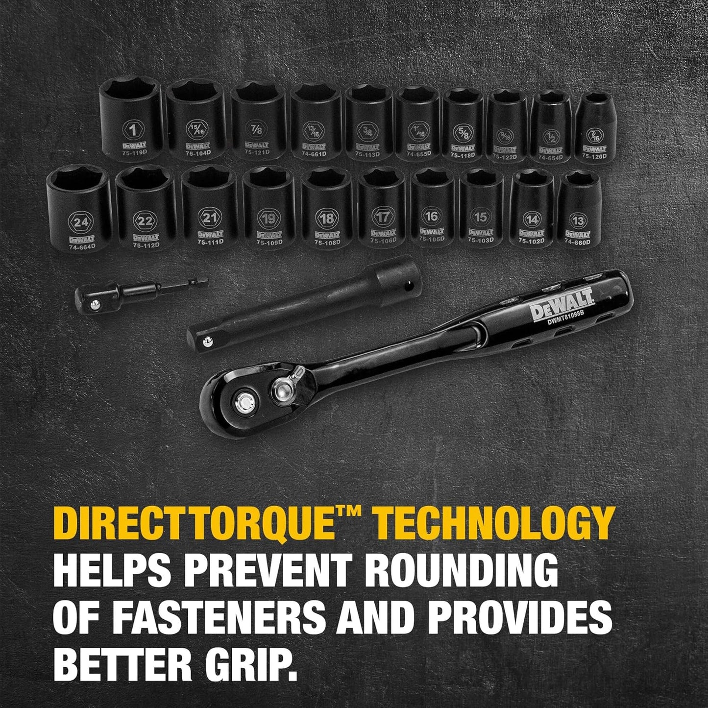 DEWALT Impact Socket Set with Ratchet, Metric/SAE, 1/2" Drive, 23-Piece Set with Case (DWMT74739)