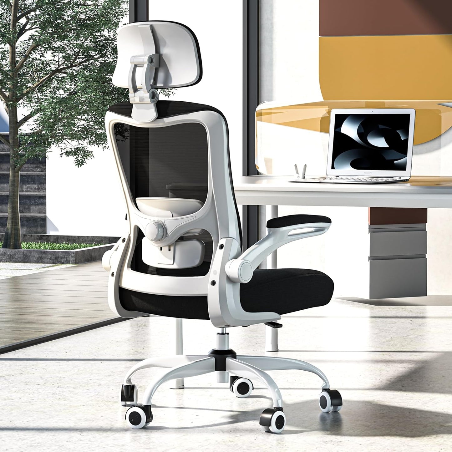 Ergonomic Office Chair, High Back Mesh Desk Chair with Adjustable Lumbar Support & Headrest, Flip-up Armrest, Computer Task Chairs for Home and Executive Office (W-Black)