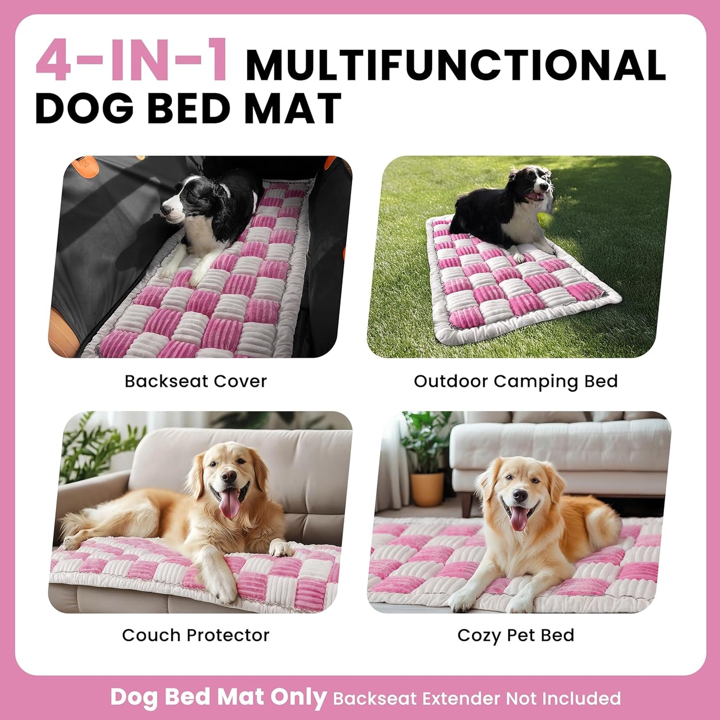 Backseat Dog Bed Mat, Non-Slip Dog Bed for Car Back Seat, Soft & Cozy Dogs Blanket, Washable Travel Pet Mat Seat Protector for Cars, SUVs, Trucks (Pink/White, 51.1" L x 23.6" W x 1.5" Th)