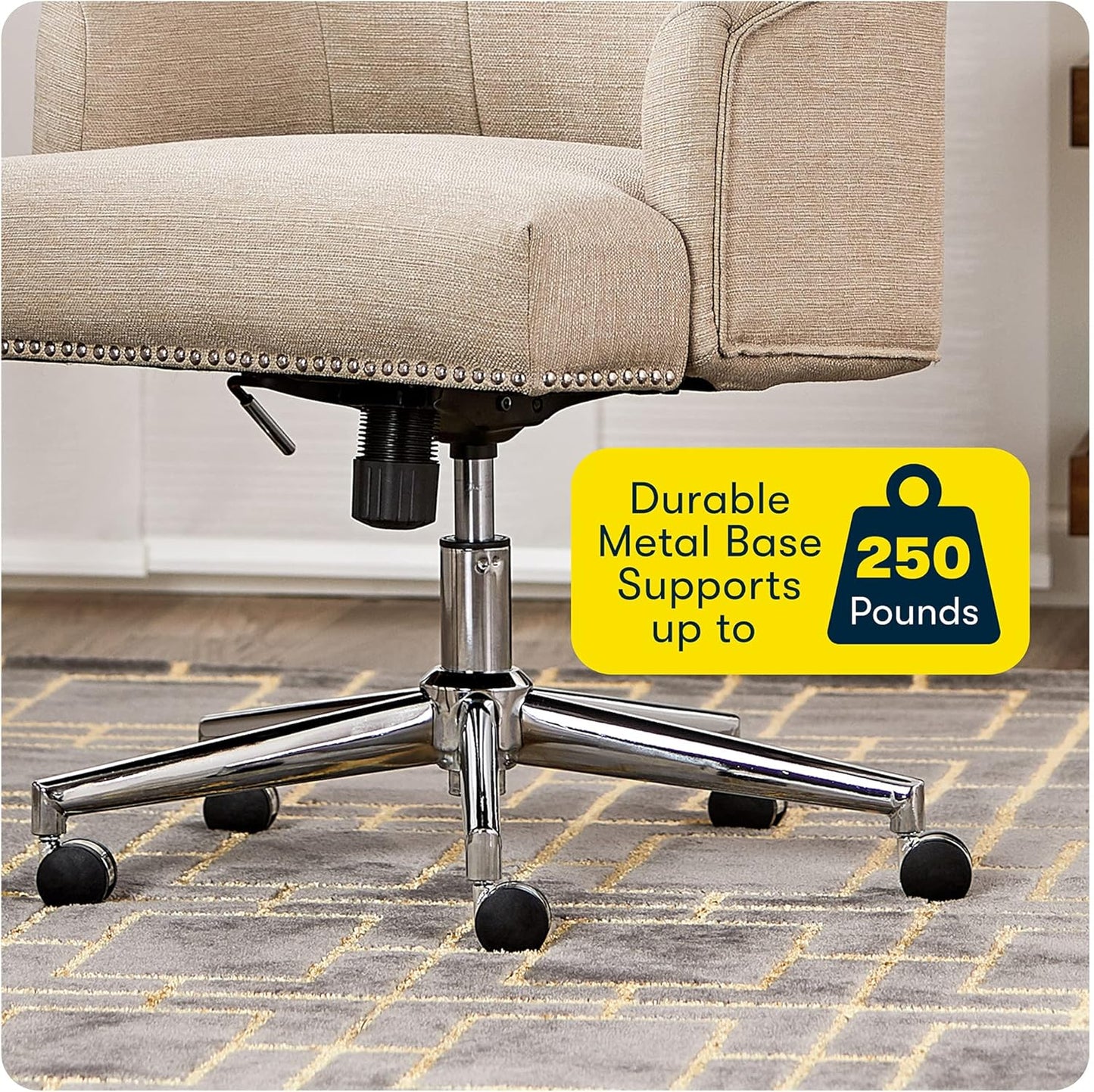 Serta Leighton Home Office Desk Chair, Mid-Back with Chrome Nailheads, Memory Foam Cushion and Padded Arms, Modern Makeup Vanity Armchair with Wheels, Swivel Base, Twill Fabric, Stoneware Beige