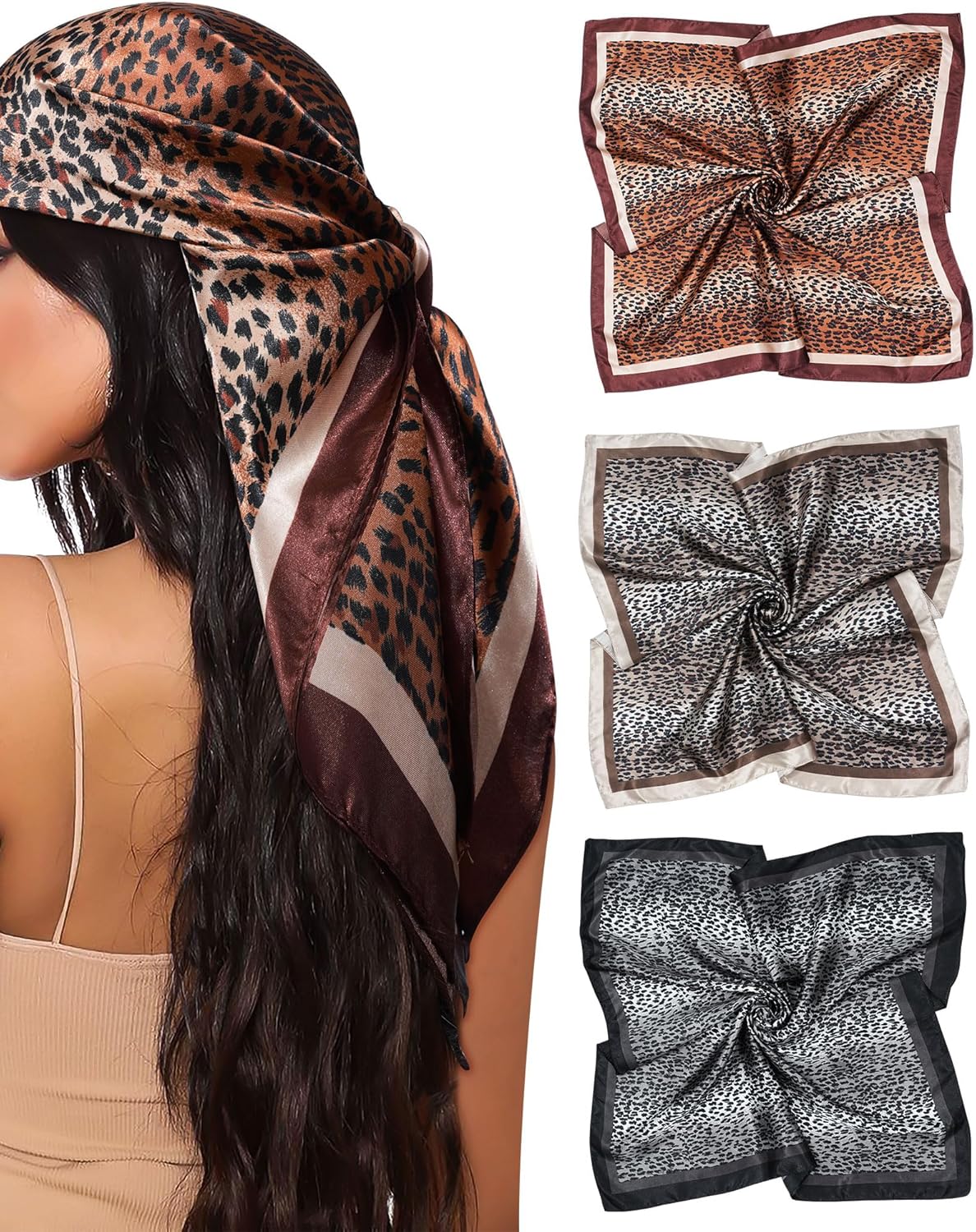 Mesovor 35” Square Head Scarf for Women, 3 Pack Like Silk Satin Headscarf Hair Neck Scarf Top Bandanas for Sleeping