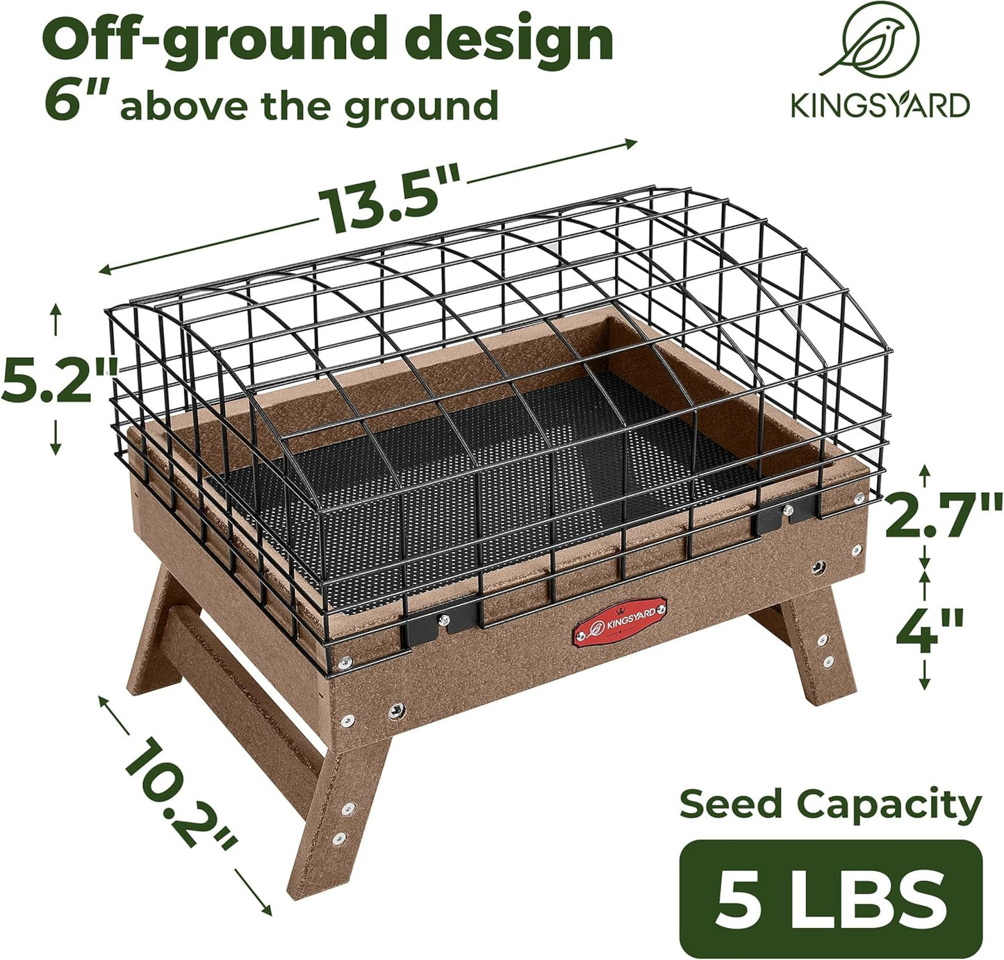Kingsyard Squirrel Proof Ground Bird Feeder for Outdoors - Recycled Plastic Platform Feeding Station, Fly-Through Metal Caged Wild Bird Feeder for Small Birds, 5 LBS Large Capacity, Brown