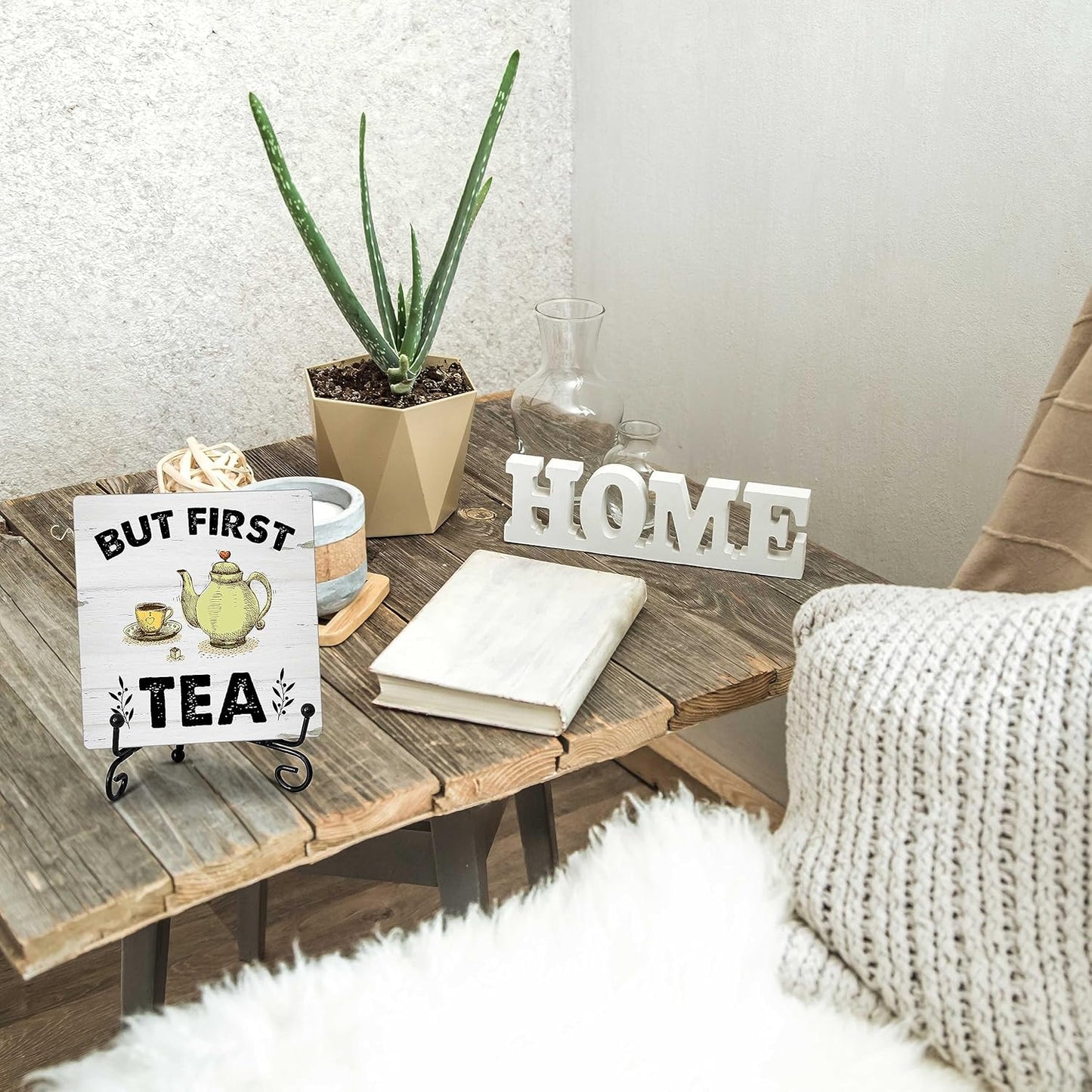ONDTOM But First Tea Wooden Sign, Teapot and Teacup Wood Plaque with Support Stand, Kitchen Home Office Tea Room Decor - B89