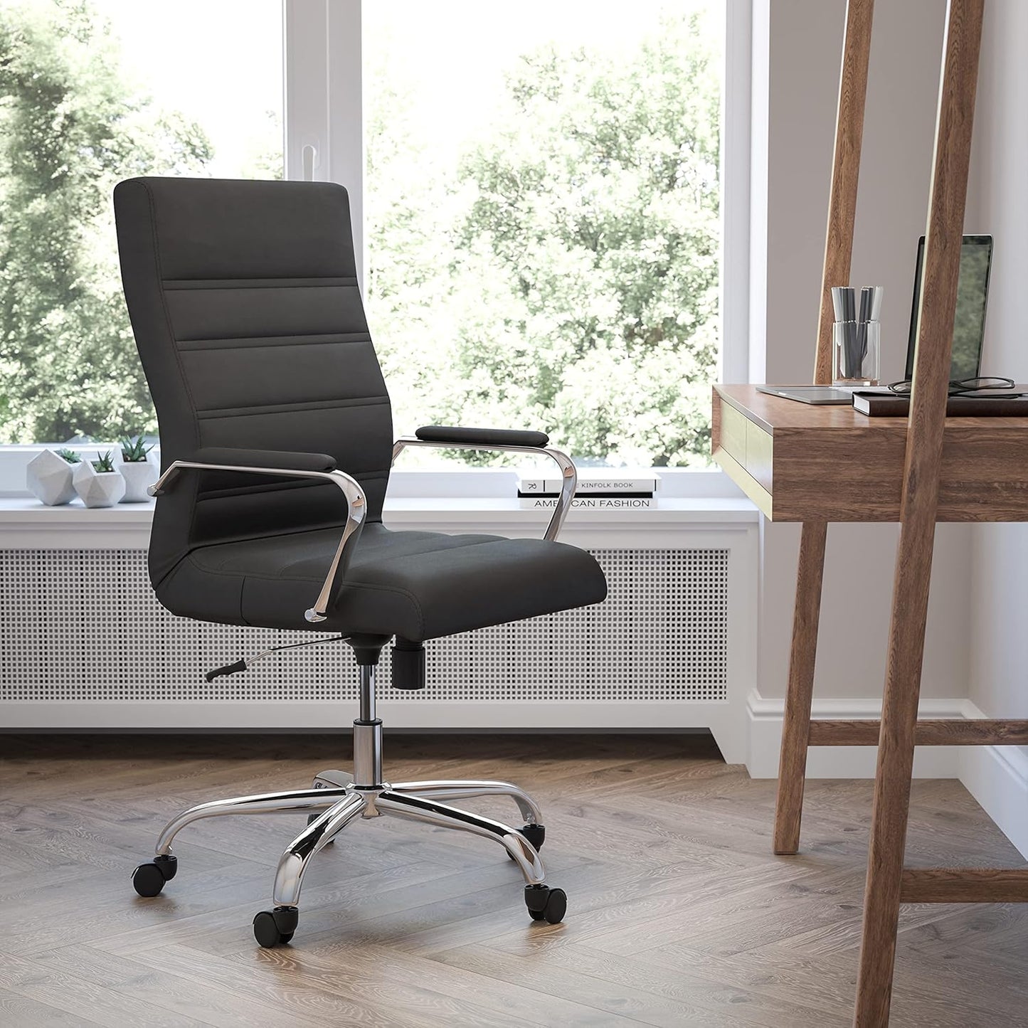 Flash Furniture Whitney High-Back Swivel LeatherSoft Desk Chair with Padded Seat and Armrests, Adjustable Height Padded Office Chair, Black/Chrome