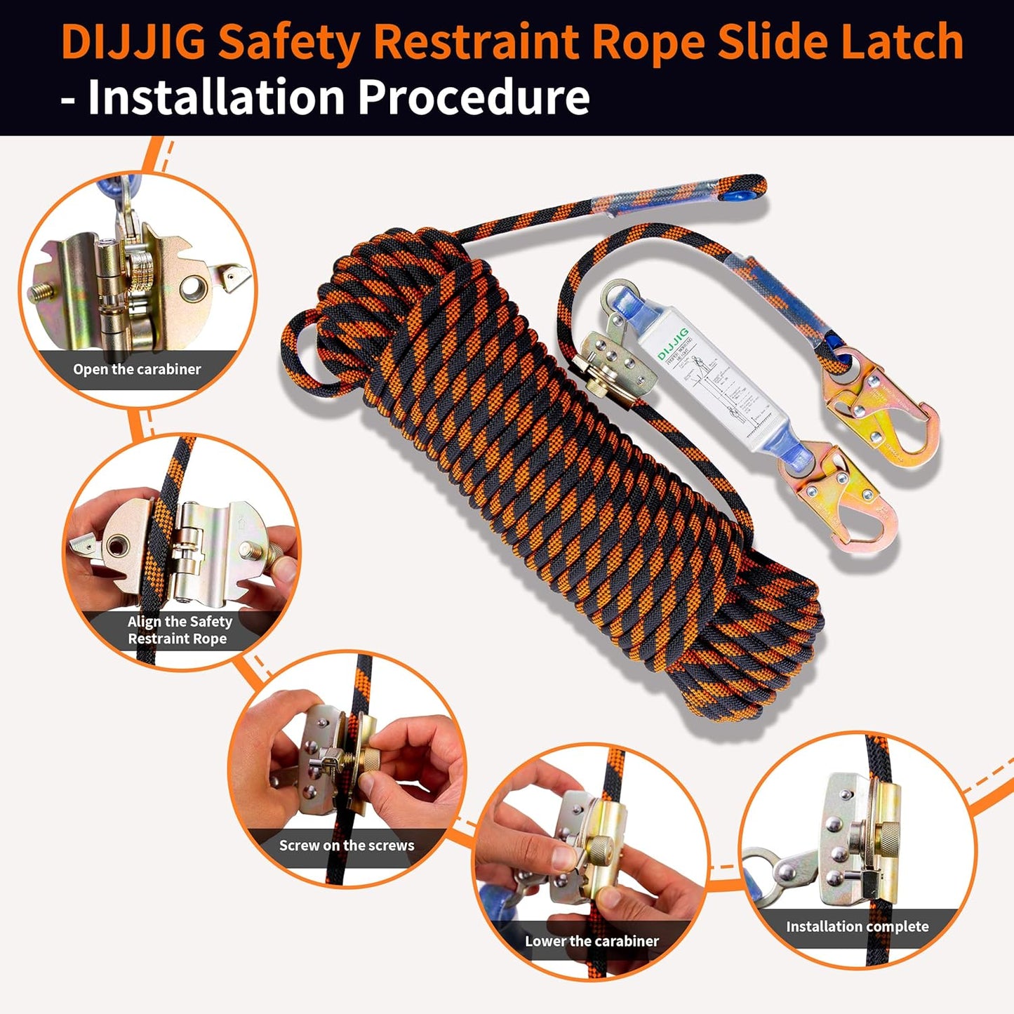 Rope Harness Safety Lanyard 100ft Vertical Roofing Rope With Grab Snap Hooks Shock Absorber Fall Protection Tree Climbing Line Kit Heavy Duty Roof Safety Equipment ANSI CE
