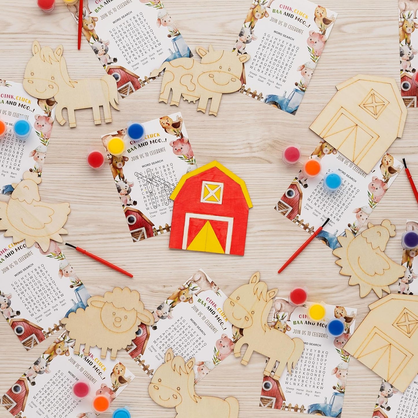 GEECOZYLIFE Farm Party Favors - 24 PCS Farm Animals with Art Supplies - Farm Barnyard Wooden Painting Kit - Thank You for Coming Gift - Kids Birthday Boys Girls Gifts Bulk