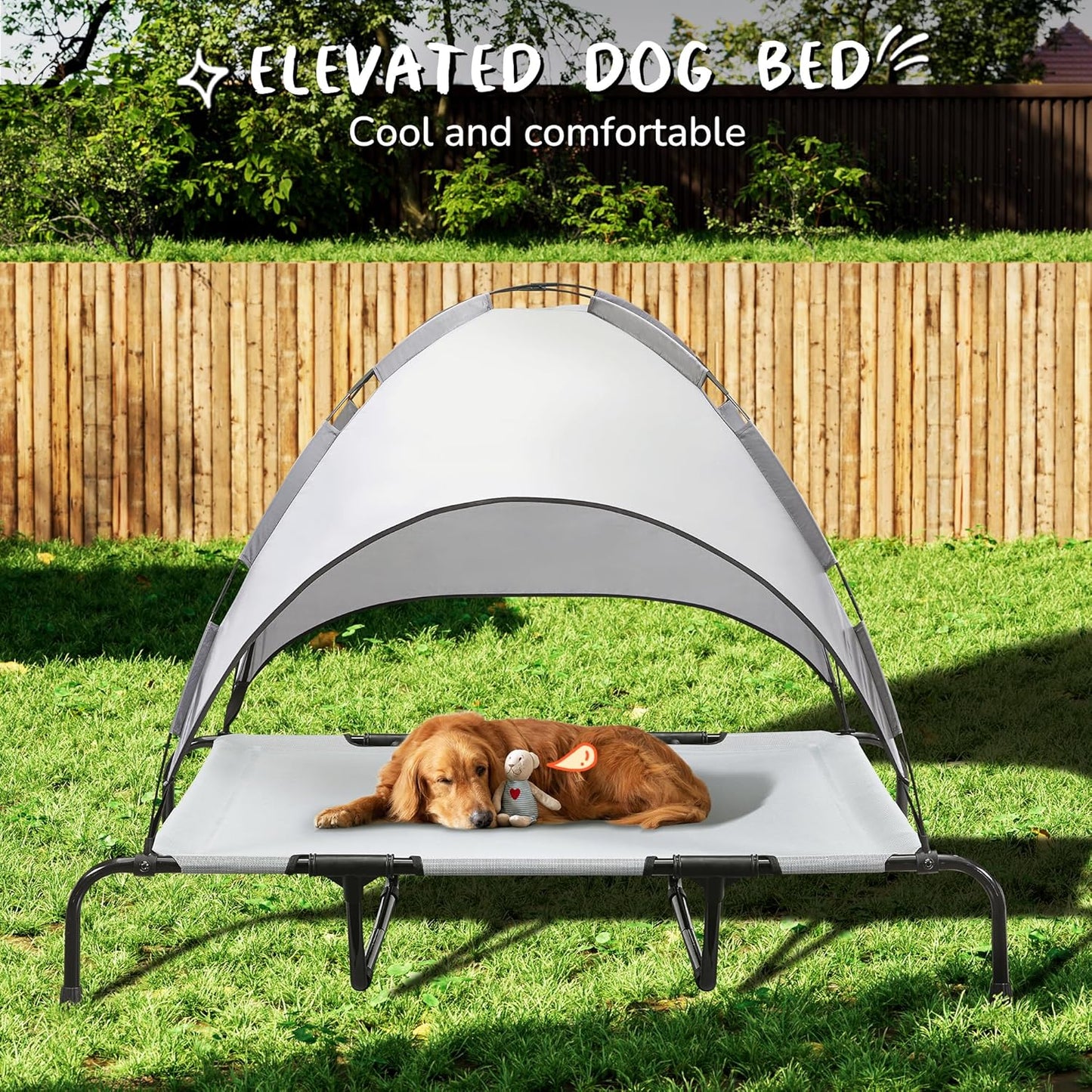 PRAISUN XXL Outdoor Dog Bed with Canopy, Elevated Dog Bed, Textilene Mesh, Metal Frame for Indoors, Outdoors, Lawn, Sliver Grey