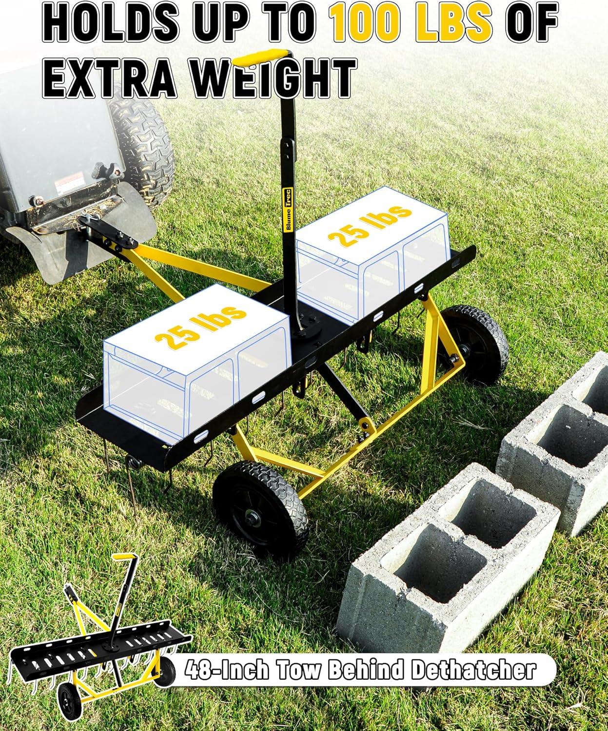 48 Inch Tow Behind Dethatcher, Pull Behind Lawn Dethatcher with 24 Spring Steel Tines, Grass Dethatcher, Removes Thatch, Riding Lawn Tractor for Large Lawns, Yard and Garden Care