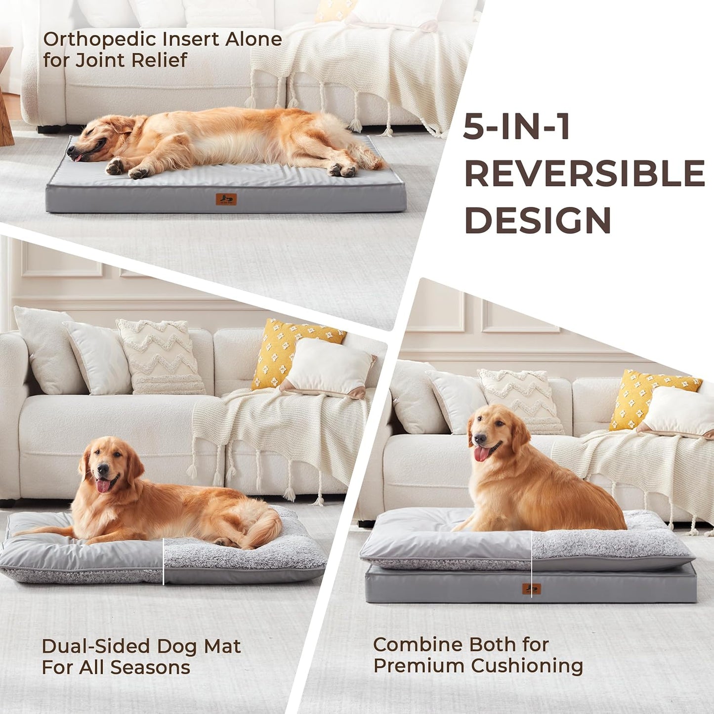 2-Pack Waterproof Dog Bed Large Size Dogs, Plush Cushion & Orthopedic Egg-Crate Foam Mattress for Senior Dogs, Washable Dog Crate Bed with Removable Cover, Light Grey