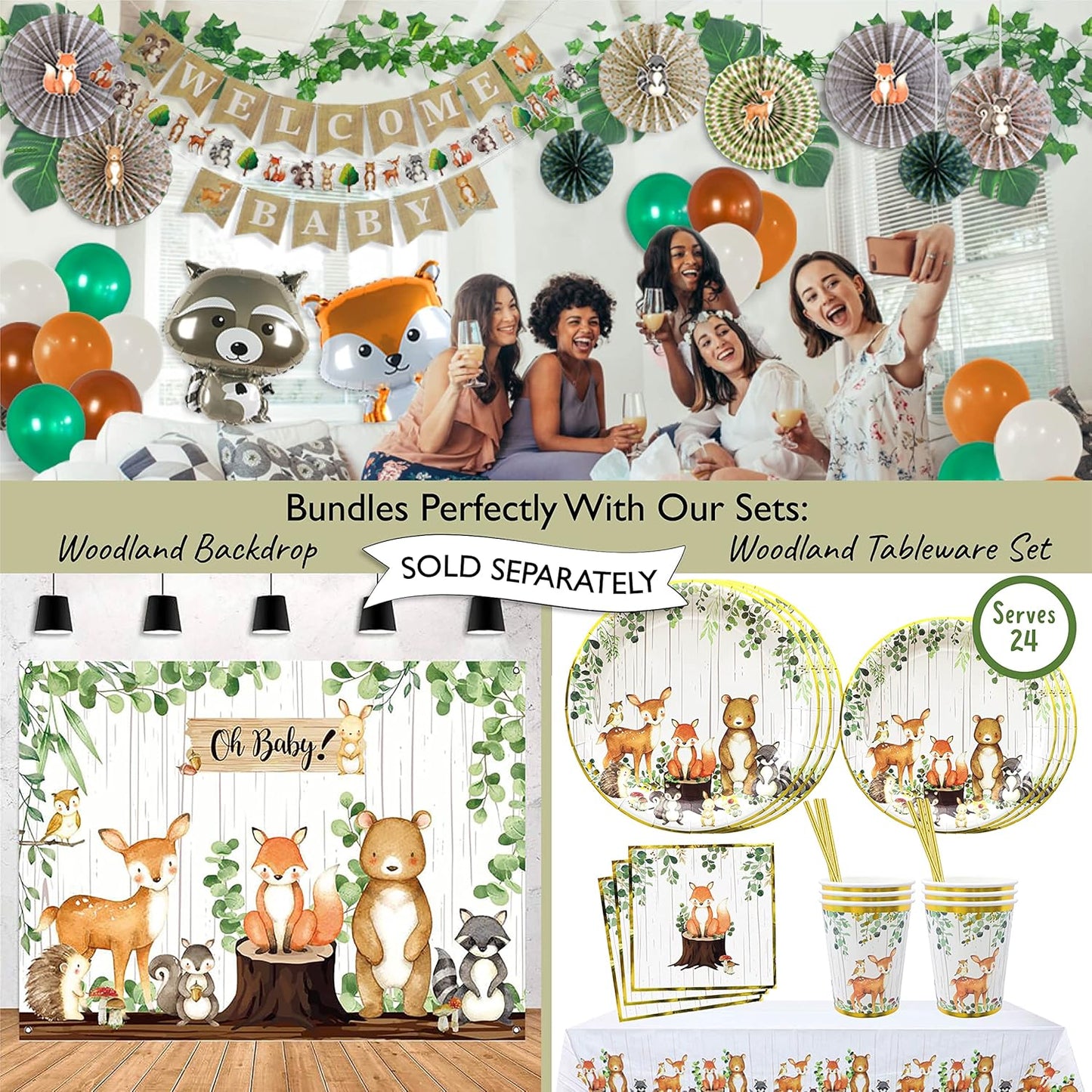 121Pc Woodland Baby Shower Decorations For Boy Or Girl, Birthday Party Supplies, Heavy Duty Sage Green Tablecloth, Paper Plates, Napkins, Straws And Cups, Forest Animal Friends Tableware Set Serves 24