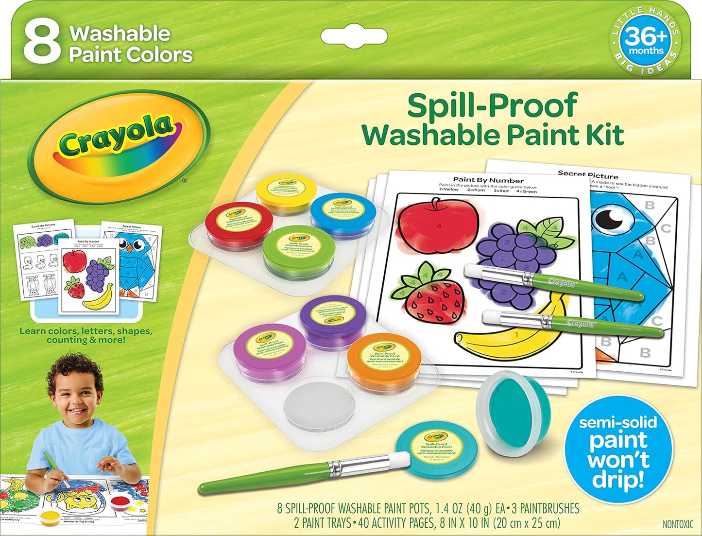 Crayola Spill Proof Paint Set (8ct), Washable Toddler Paint Kit, With Brushes, Pots, Activity Pages, Arts & Crafts Kit, Gift for Toddlers, Ages 3+
