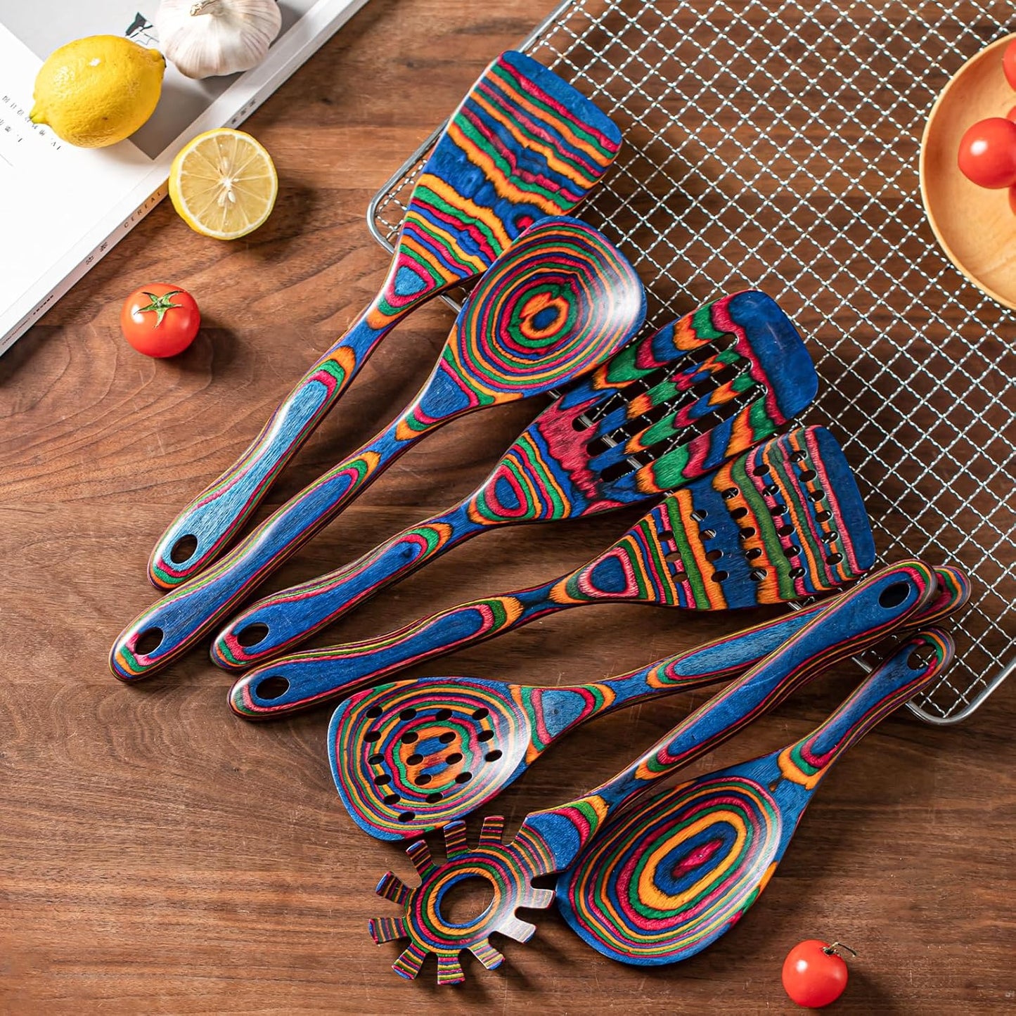 Gudamaye Pakka wood 7-Piece Blue Wooden Cooking Utensils, Wooden Spoons for Cooking, Wooden Spoon Set, Wooden Kitchen Utensil set, Pakkawood Cooking Spoons, Non-Stick Spoon,Pakkawood kitchen utensils