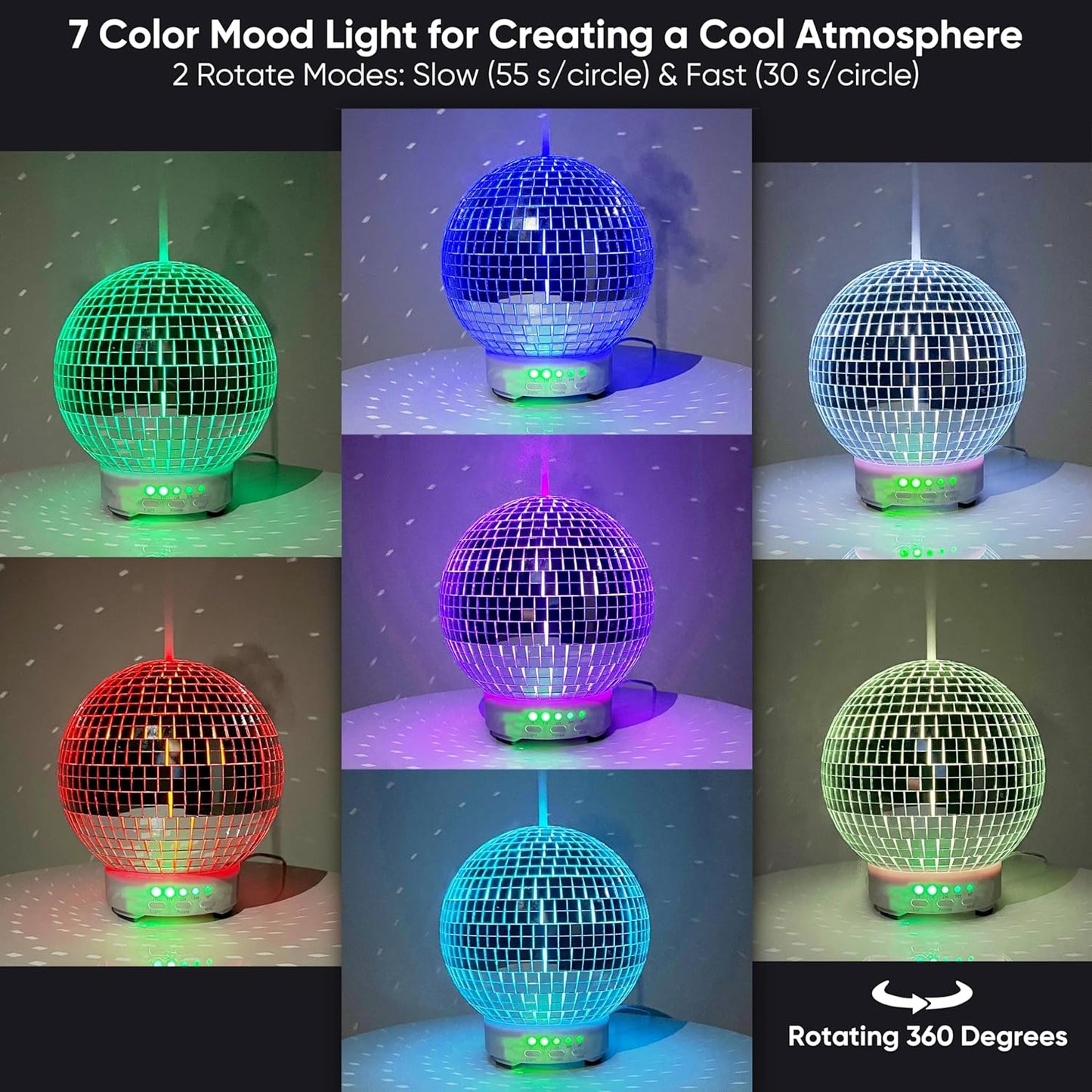 SCANDINORDICA Disco Ball Diffuser - Original Rotating Disco Essential Oil Diffuser with Whisper Quiet Operation, 14 Color Night Light & 4Time Settings | Cute Eclectic Home Decor for Medium Room Silver