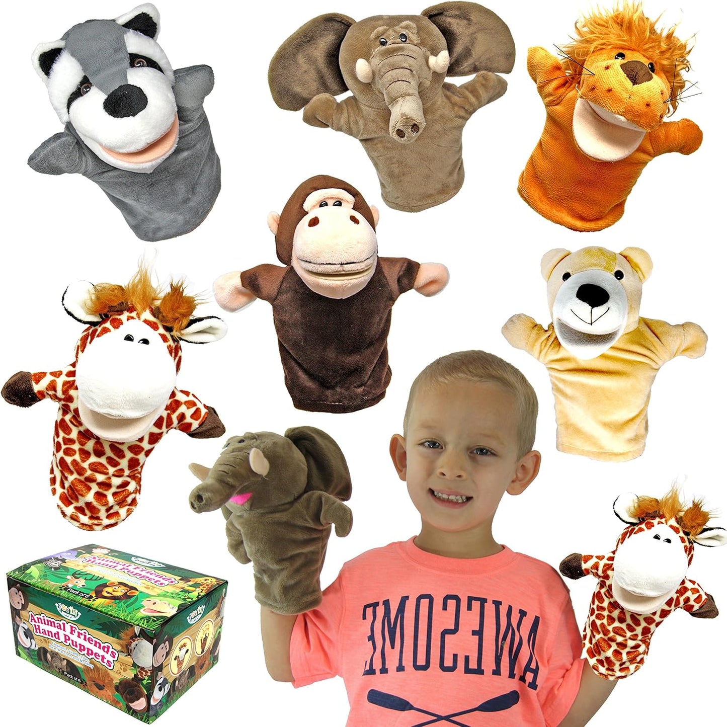 JOYIN 6Pcs Kids Hand Puppet Set with Working Mouth, Toddler Plush Toy Includes Elephant, Giraffe, Lion, Bear, Raccoon and Monkey for Show Theater, Easter Birthday Gifts for Kid
