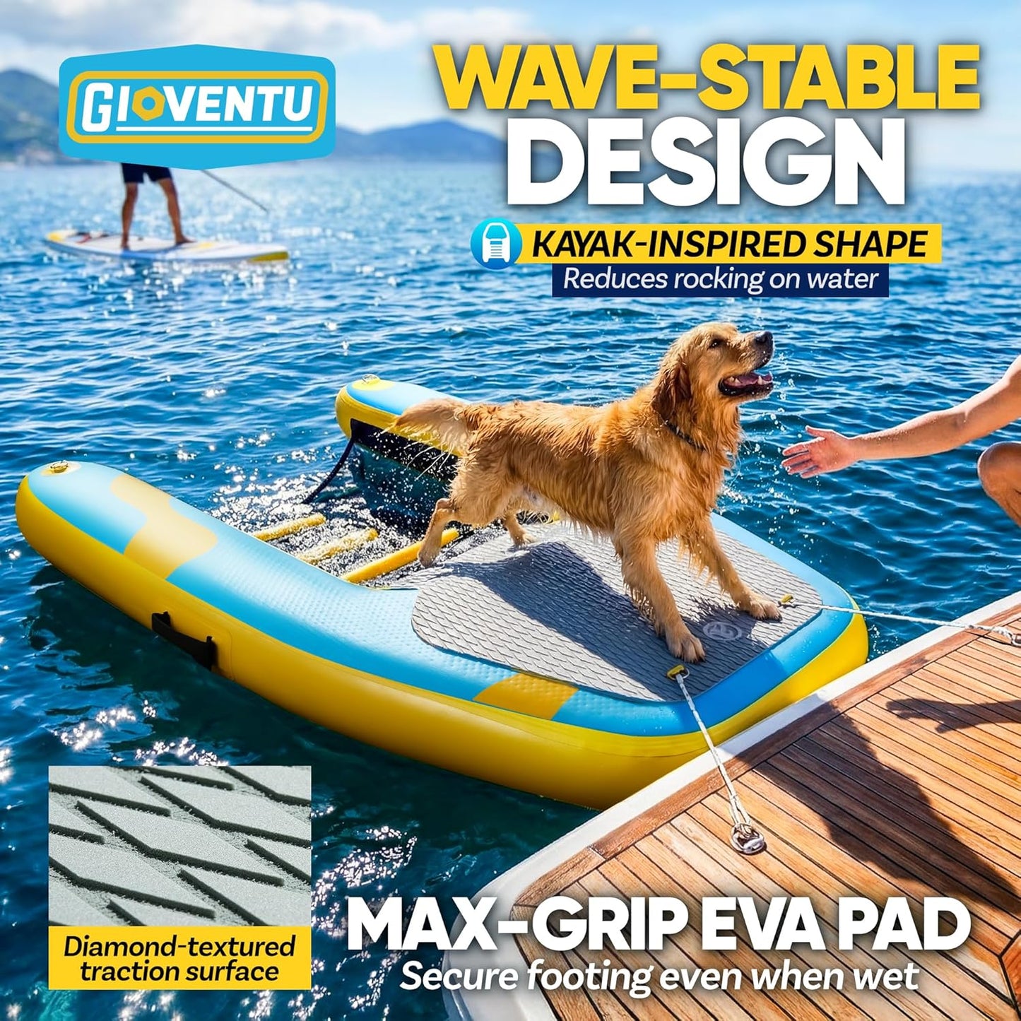 Inflatable Dog Boat Ramp, Heavy-Duty Floating Dog Water Ramp for Large Dogs, 220 LBS Capacity, Stable Drop-Stitch Platform with Submerged Steps, Non-Slip Surface, for Boats, Docks & Pools