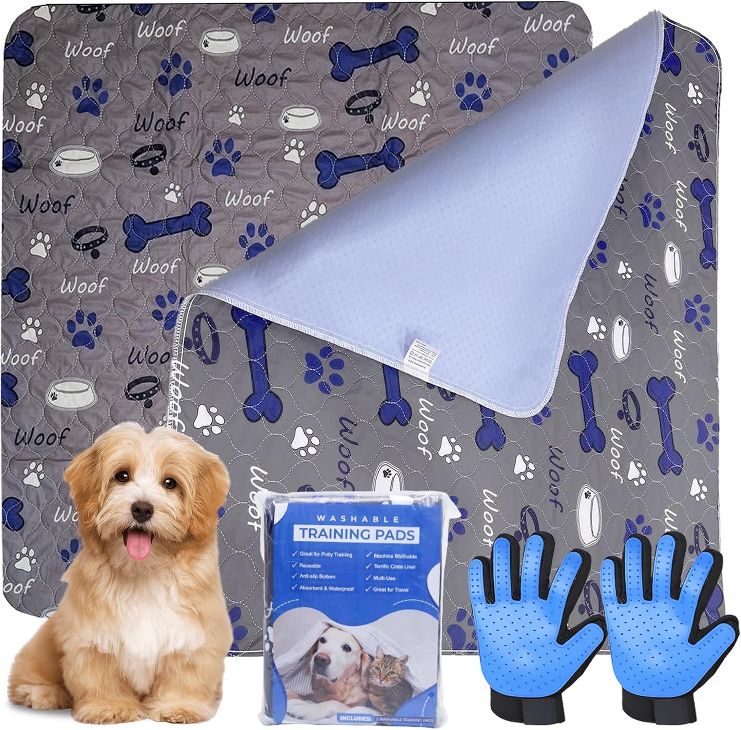 Reusable Pee Pad for Dogs - 2 Pack Blue Super Absorbent Whelping Pad Reusable Puppy Training Pads with Pet Grooming Gloves, Waterproof, Leak-Proof & Non-Slip (34 x 36)
