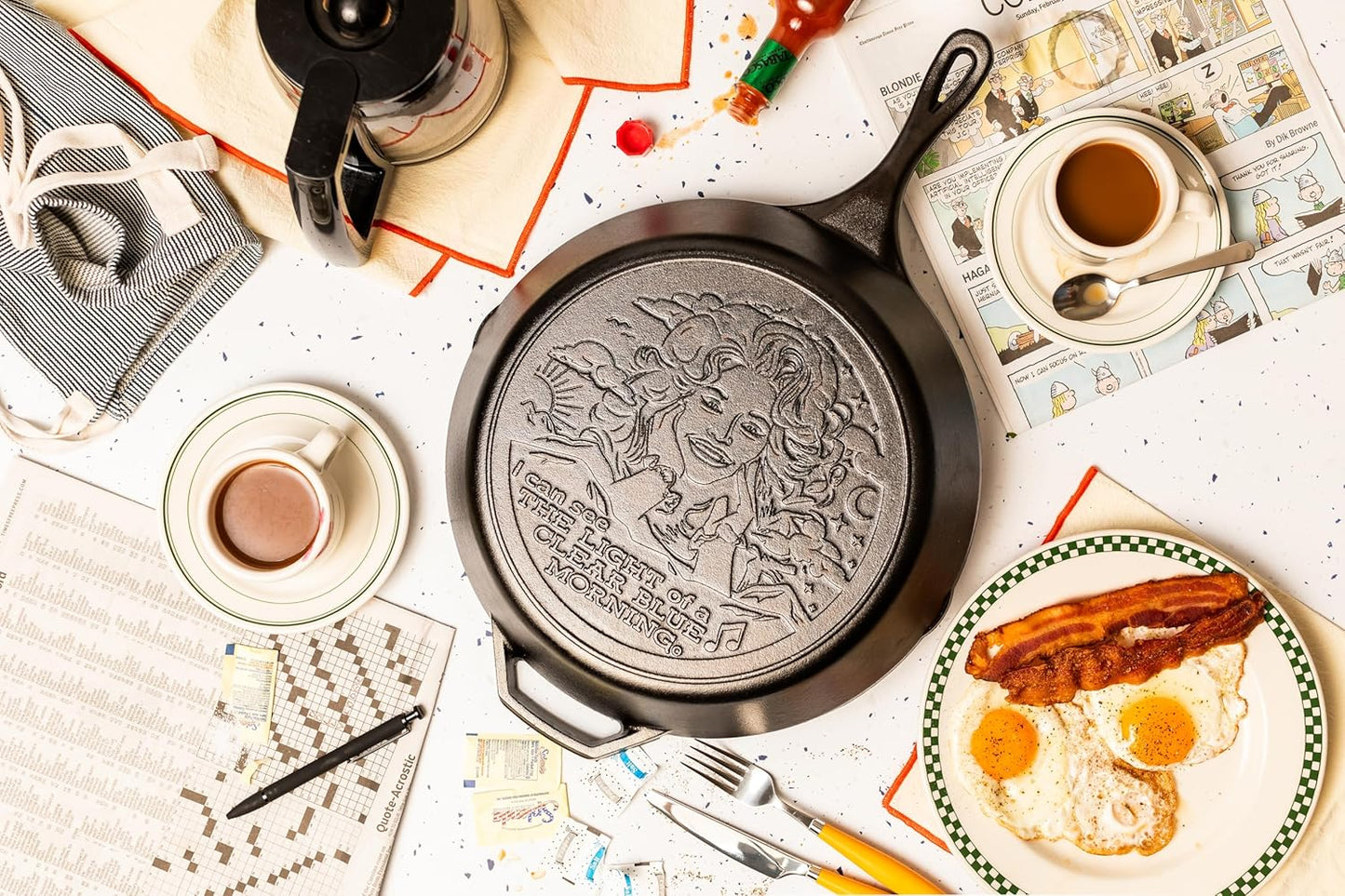 Lodge 13.25 Inch Dolly Parton Pre-Seasoned Cast Iron Stamped Skillet - Signature Teardrop Handle - Use in the Oven, on the Stove, on the Grill, or Over a Campfire - Clear Blue Morning