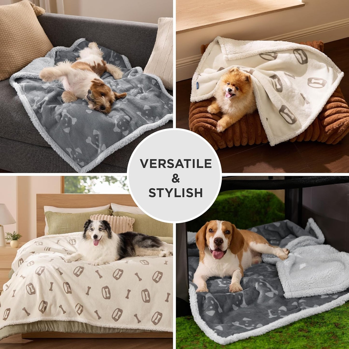 Bedsure Waterproof Blanket for Bed - Soft Print Sherpa Fleece Pet Cat Dog Blankets for Large Dogs Couch Protection, Soft Plush Reversible Furniture Protector, Twin Size, 60"x80", Beige