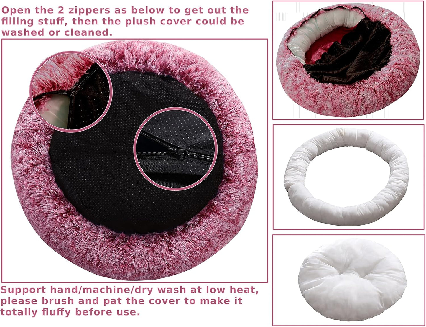 Calming Donut 강아지 침대, 114.3cm(45인치) 원형 쿠션, 탈착식 세탁 가능한 커버, 불안감 방지 인조 모피 커들러, 푹신하고 편안한 털 반려동물 침대 (핑크, 114.3cm(45인치))
