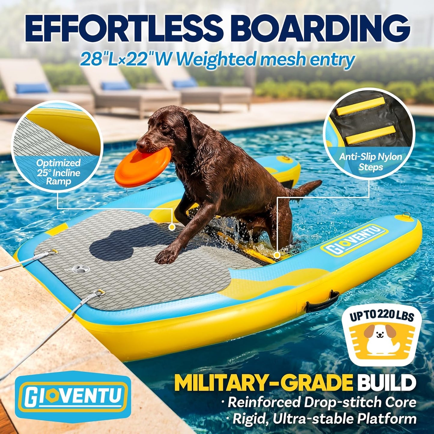 Inflatable Dog Boat Ramp, Heavy-Duty Floating Dog Water Ramp for Large Dogs, 220 LBS Capacity, Stable Drop-Stitch Platform with Submerged Steps, Non-Slip Surface, for Boats, Docks & Pools