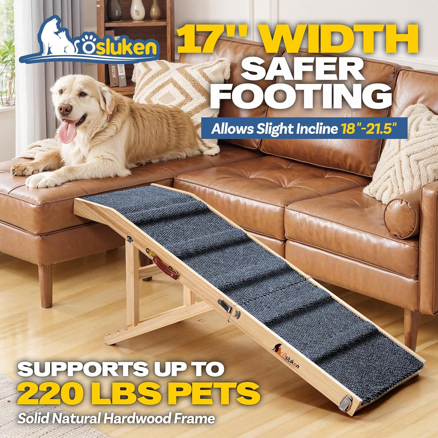 Dog Ramp for Couch, 49" Long Foldable Pet Ramp for Small Large Dogs, Dog Ramps for Bed, High Traction with Platform 6 Adjustable Heights 18" to 21.5" Up to 220LBS, Black