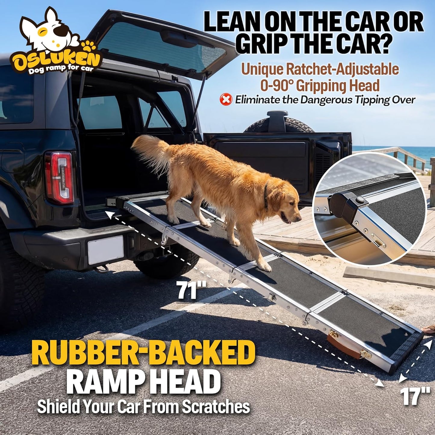 𝐍𝐞𝐰𝐥𝐲 𝐔𝐩𝐠𝐫𝐚𝐝𝐞𝐝 Dog Ramp for Car (200 lbs), Extra L71” W17” Folding Pet Ramp for Large Dogs Ratchet-Adjustable 90° Head, Outdoor Anti-Slip Foldable Dog Car Ramps for SUV Truck Side Door