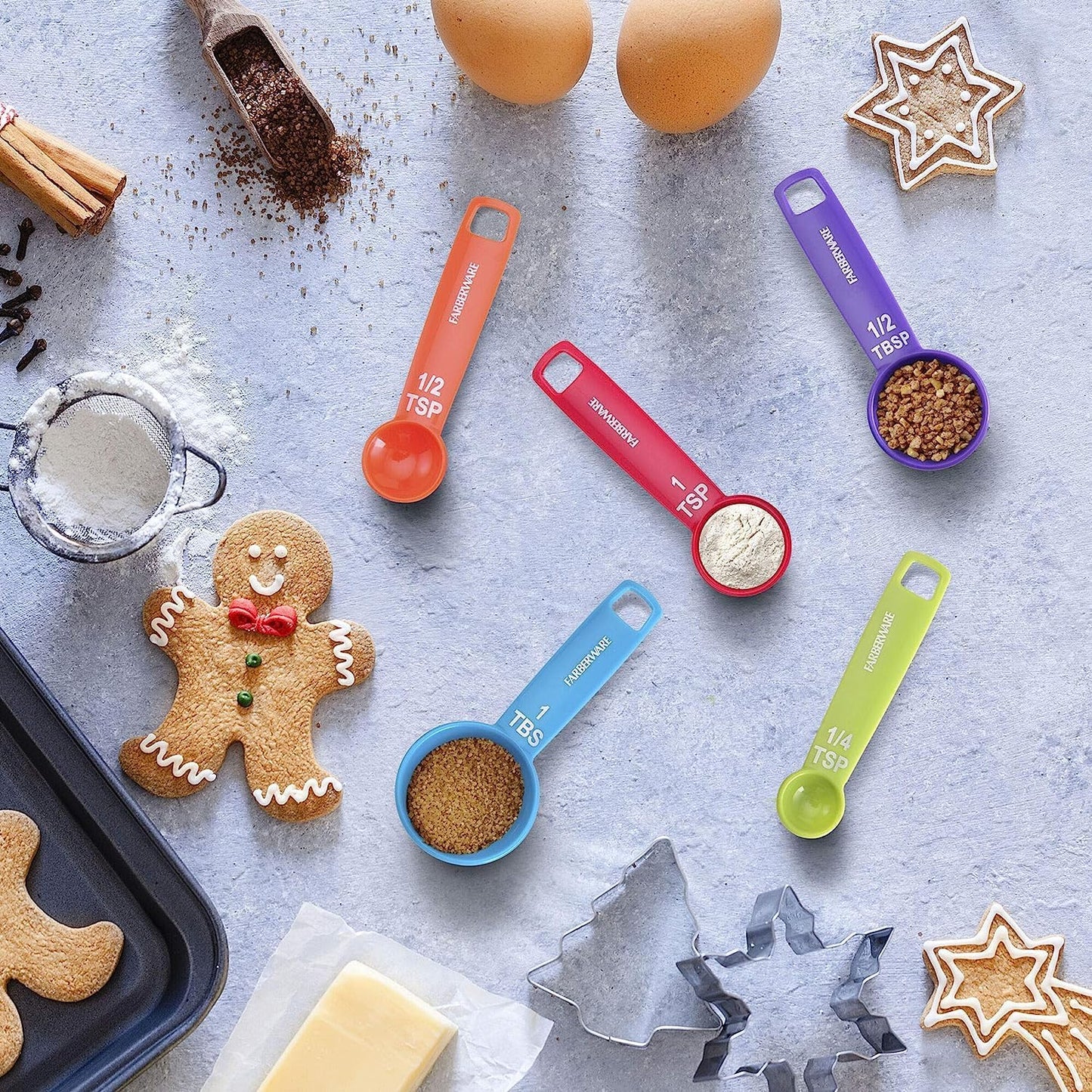 Farberware Set of 5 Measuring Spoons, Perfect for Measuring Both Wet and Dry Indgredients, Includes Detachable Ring for Optimal Storage and Organization, Dishwasher Safe, Assorted
