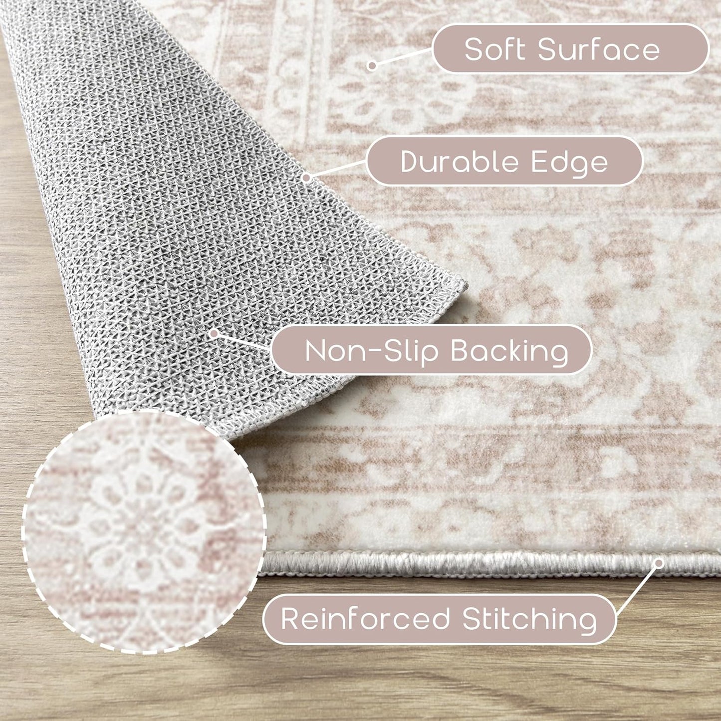 Pink Nursery Rug for Baby Girl 5 x 7 Neutral Blush Pink Boho Cute Floral Foldable Machine Washable Low Pile Soft Surface Carpet Area Rugs for Living Room Bedroom Dorm Kids Playroom,5x7