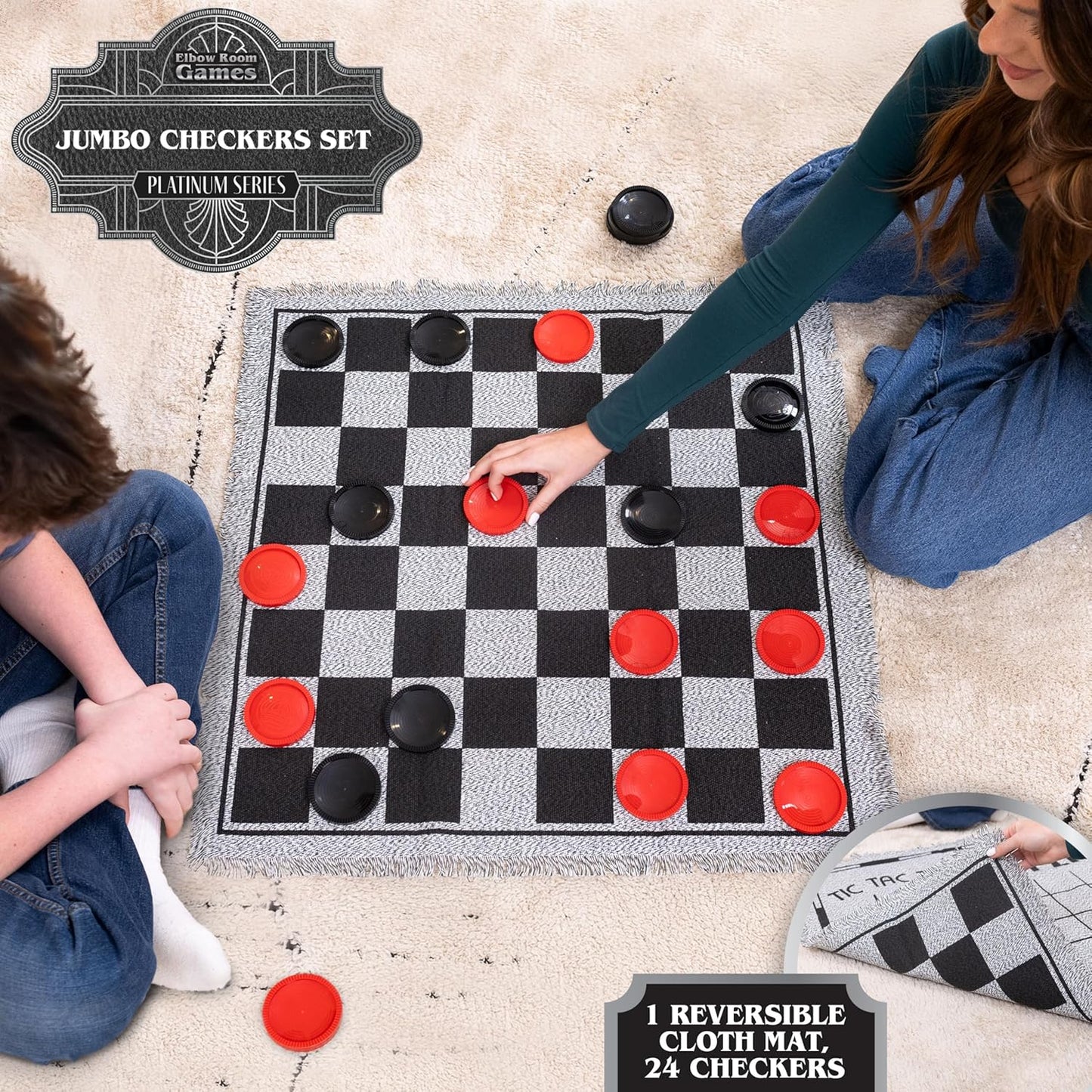 3-in-1 Vintage Giant Checkers Set, Tic Tac Toe with Reversible Mat, 24 Jumbo Chips, Family Board Game, Lawn Game, BBQ Party Favor, Indoor and Outdoor Activity for Kids and Adults