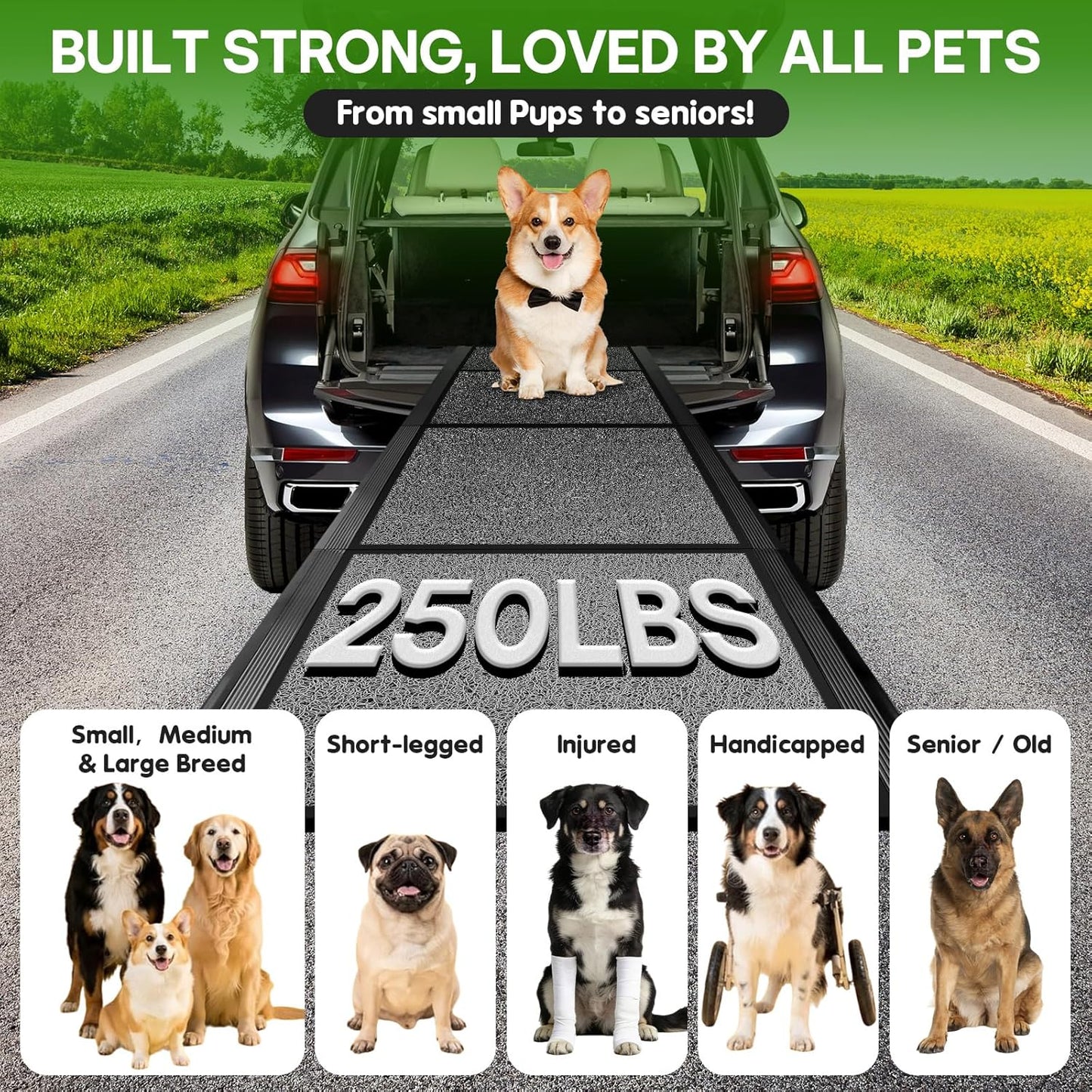 Dog ramp for Car, Dog Ramps for Large Dogs, Folding Outdoor Dog Ramps for Stairs, Up to 300LBS, Non-Slip Rug Surface, 5s Installation, Dogs Car Steps for Large Dogs SUV, Truck, LKW