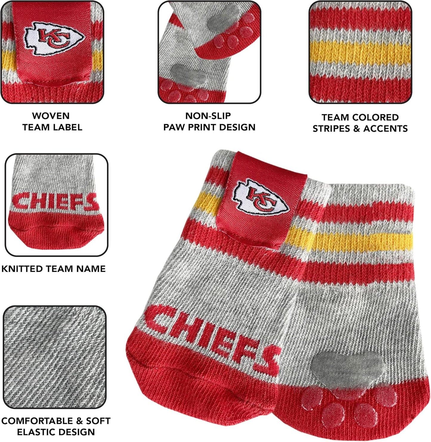 NFL Kansas City Chiefs Anti Slip Dog Socks with Elastic Ribbed Top, Size X-Small/Small. Indoor/Outdoor Socks, Best Dog Paw Protector, 2 Pairs, Cool Puppy Supplies with NFL Logo of Chiefs Team