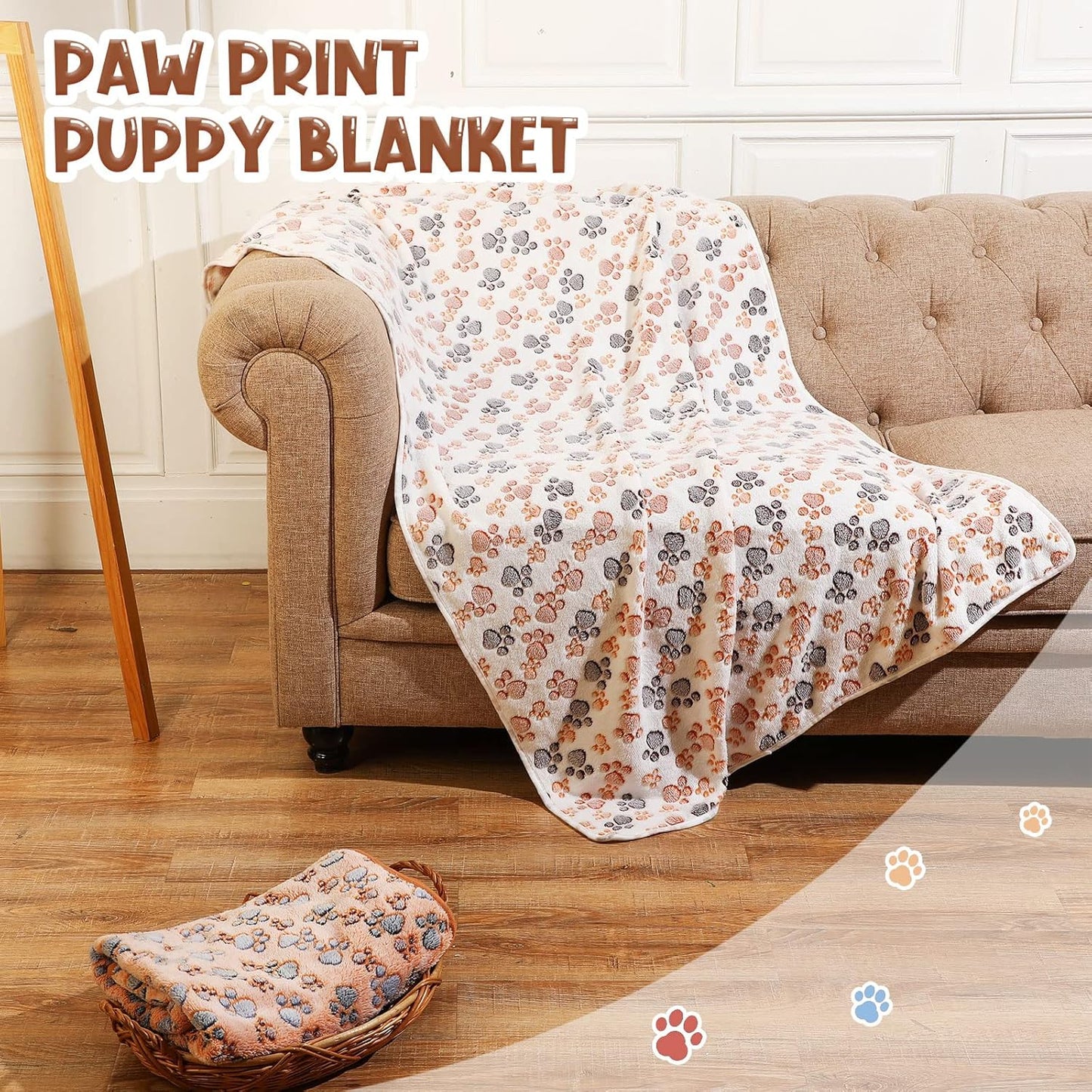 Tatuo 4 Pcs Dog Blanket for Pet Cat Blankets Indoor Puppy Teething Stuff Toys Paw Print Fleece Soft Blanket Sleep Mat for Guinea Pig Cage(White, Coffee, Pink, Purple,XX-Large(40 x 63 Inch),Square)