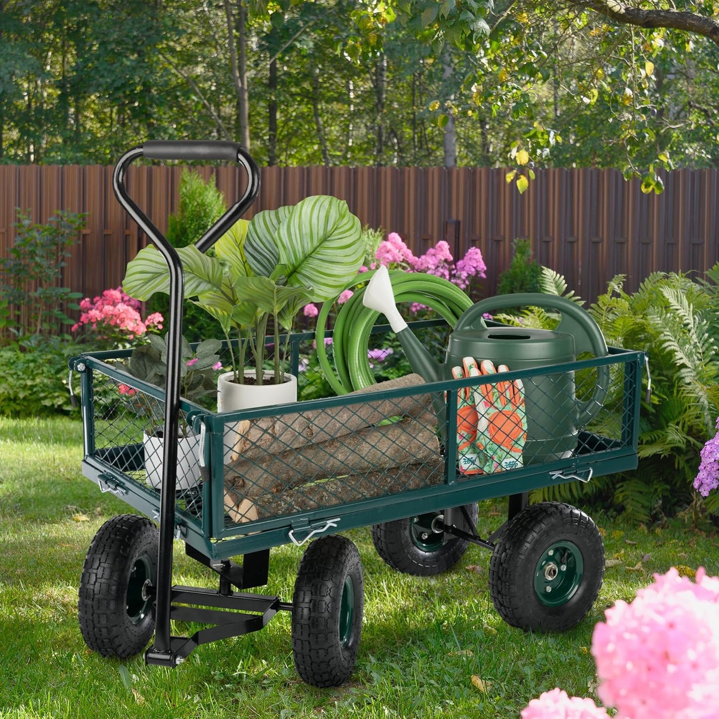 Garden Cart - Rolling Wagon Cart with 650lb Weight Capacity, All-Terrain Wheels, and Removable Sides - Garden Carts and Wagons by Pure Garden (Green)
