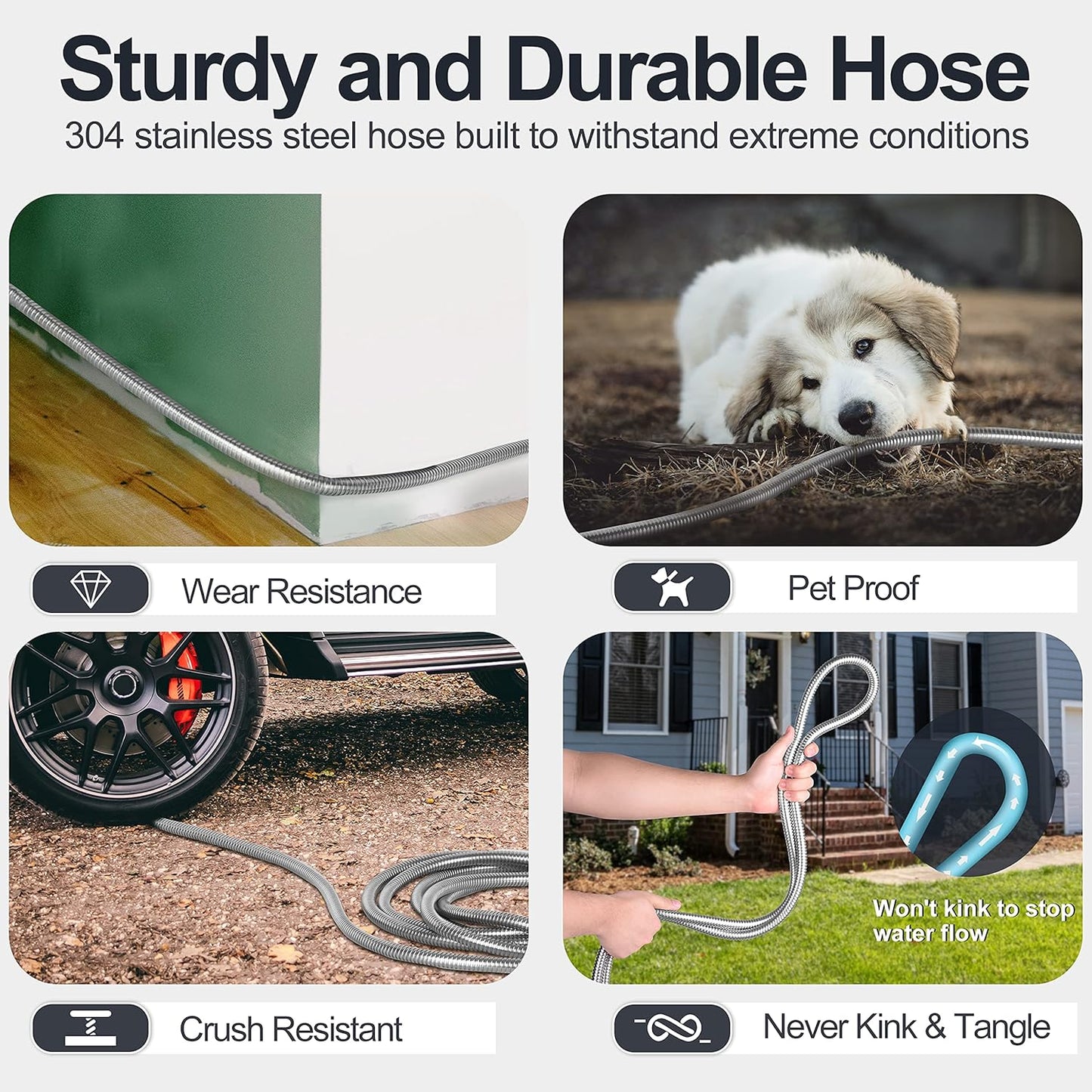 SPECILITE 50ft 304 Stainless Steel Garden Hose Metal, Heavy Duty Water Pipe with Nozzles for Yard, Outdoor - Flexible, Never Kink & Tangle, Puncture Resistant (Sliver)