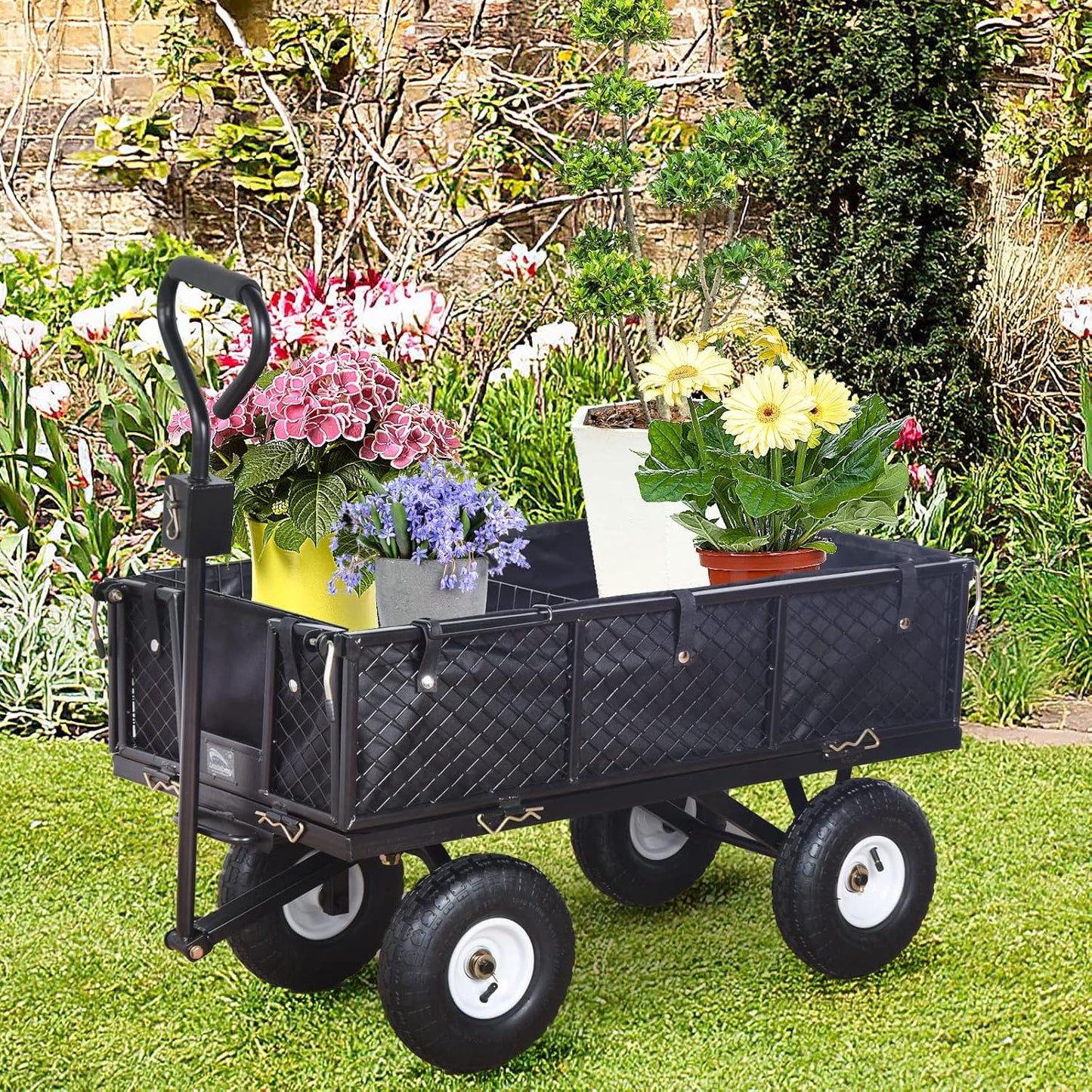 Heavy Duty Steel Garden Cart Large Size with Liner and Iron Frame,Steel Frame Dump Cart with Removable Sides,660lbs Capacity Black