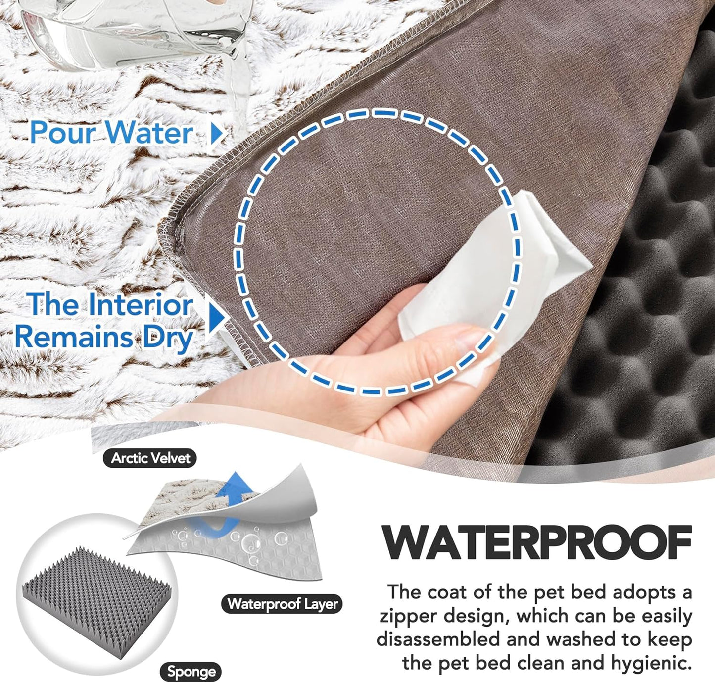 Deconovo Sofa Dog Bed with C-Shape Bolster, Supportive Eggrate Foam, PV Velvet Top, Anti-Slip Waterproof Bottom, Zippered Washable Cover, Large Dogs & XL Options, Khaki, 42x31x8 Inches