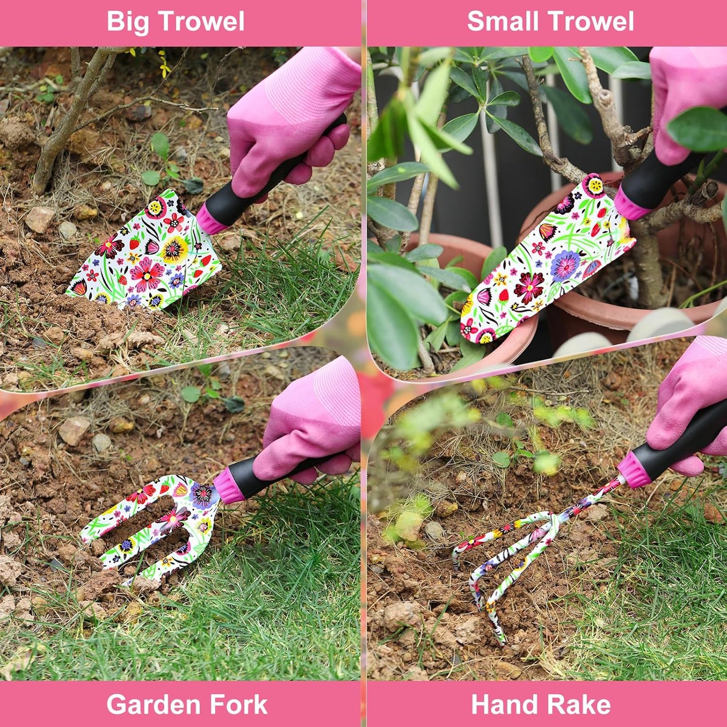 Housolution Gardening Tools Set, 10 PCS Stainless Steel Heavy-Duty with Non-slip Soft Rubber Handle with Large Garden Bag, Floral Pattern Gardening Tool Set Gifts for Women Birthday Mother's Day, Pink