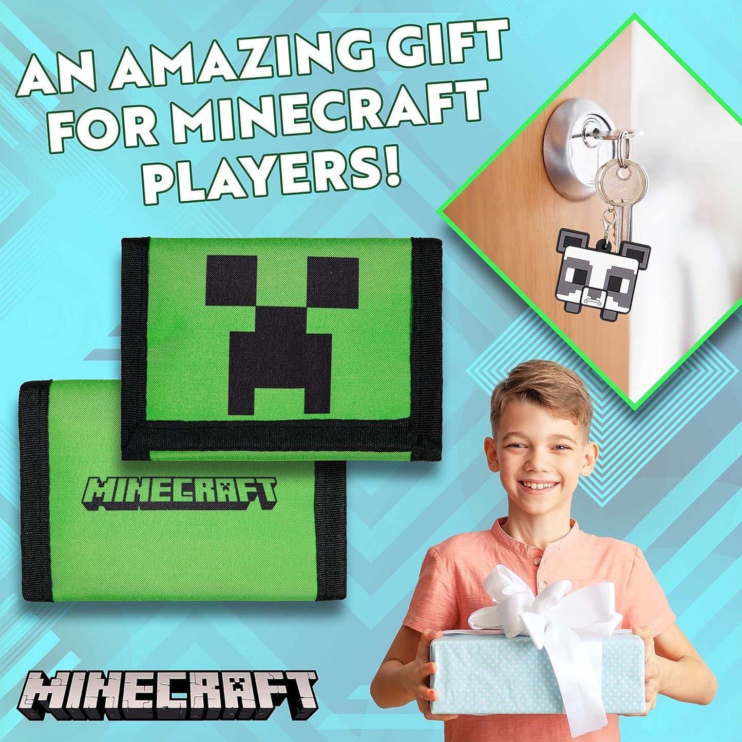 Minecraft Kids Wallets for Boys with Card Slots & Zip Coin Pocket & Keyrings, Official Merchandise Gifts for Kids