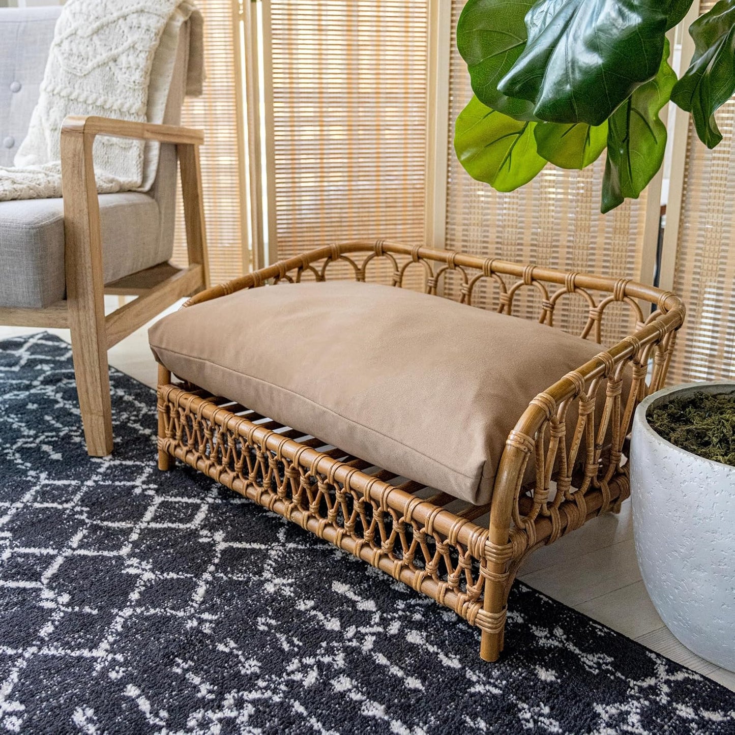 DBD1005A Elevated 27.5" x 17" Bohemian Handwoven Rattan Dog Daybed with Machine-Washable Cushion, Natural